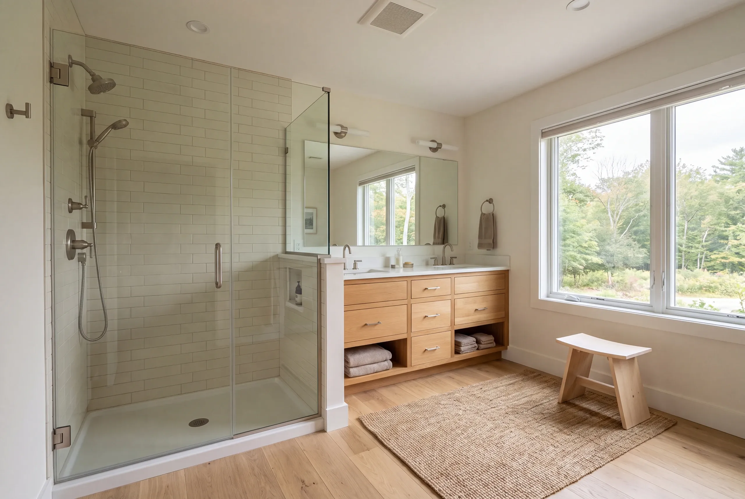 A finished bathroom featuring a glass-enclosed shower, wooden double-sink vanity, and a window with a view of trees.