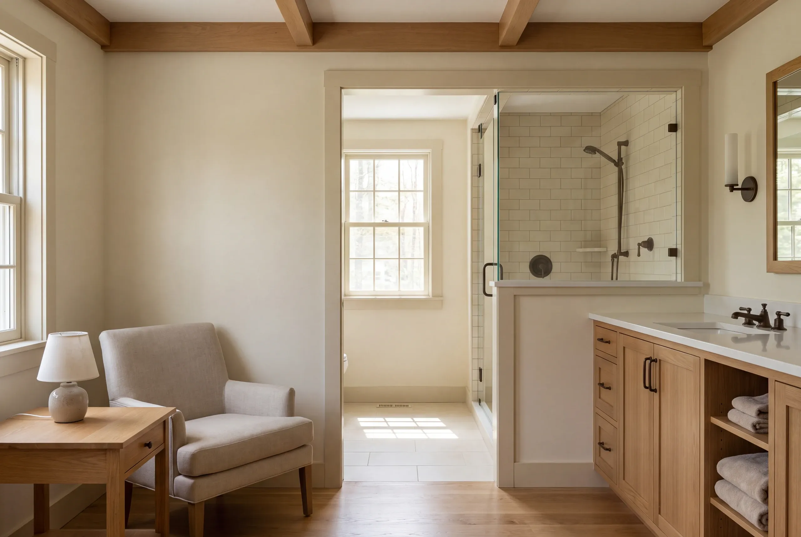 An armchair and side table sit in a hallway with a view into a bathroom containing a shower and vanity.