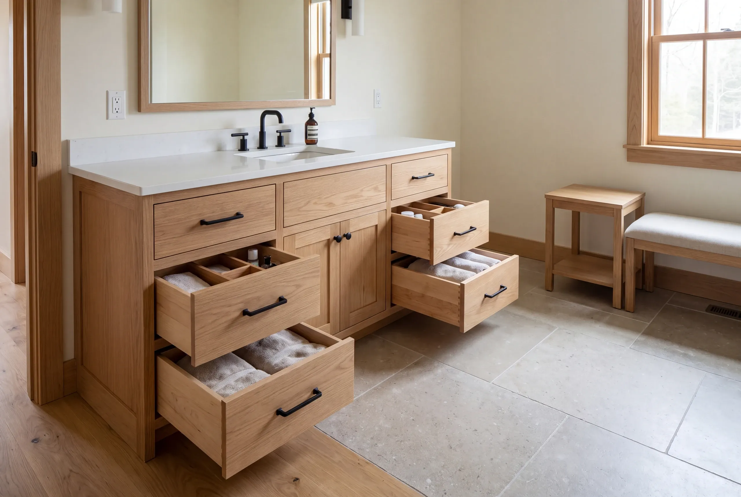 A wooden bathroom vanity with multiple open drawers showing organizers and towels, beside a window and small stools on tiled flooring.