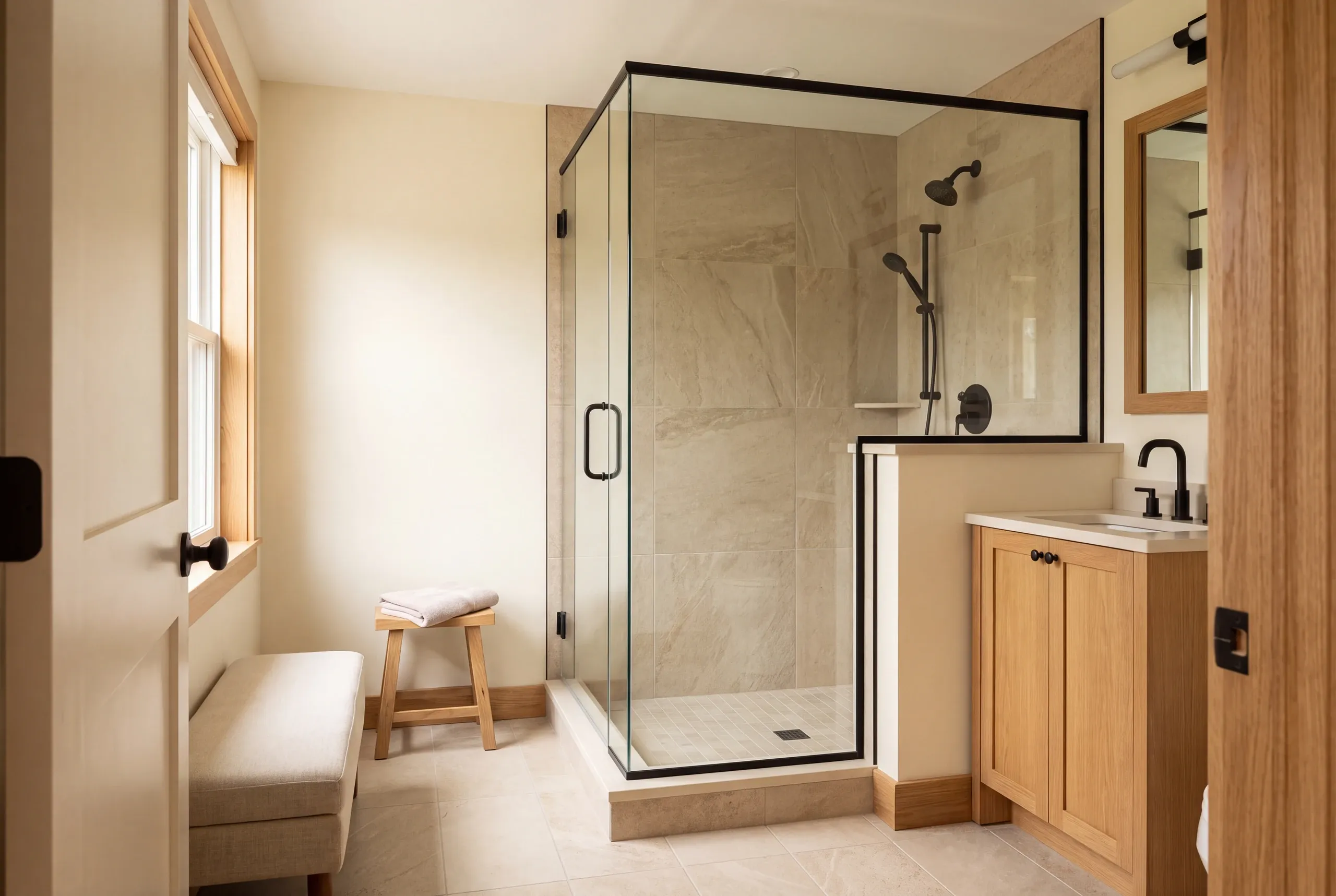 A newly installed glass shower enclosure with beige tiled walls and floor sits in a brightly lit bathroom next to a wooden vanity and a bench.