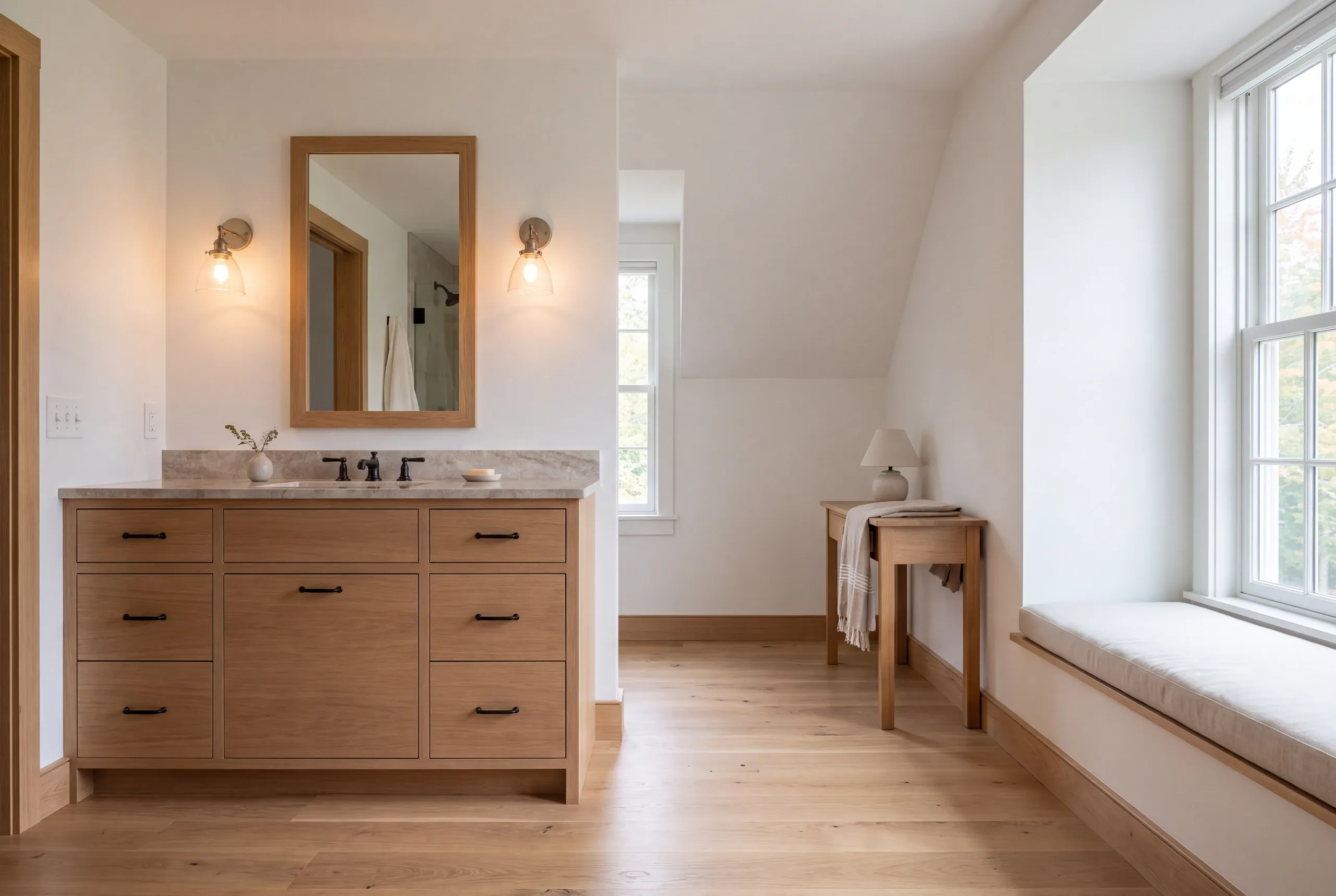 A wooden vanity with a stone countertop and mirror is featured alongside a window seat and hardwood floors.