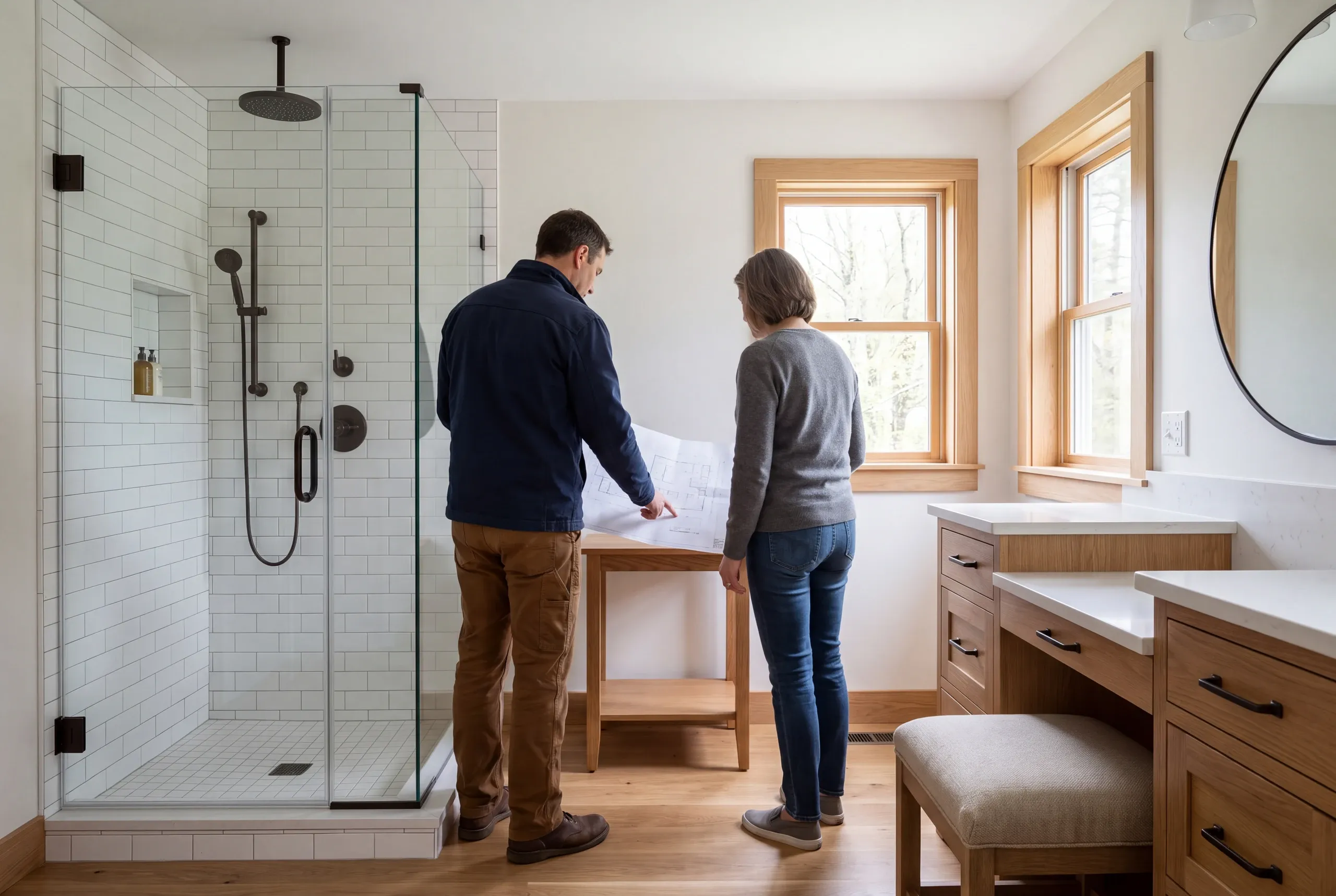 Two adults stand in a remodeled bathroom reviewing blueprints near a tiled walk-in shower and a wooden vanity.