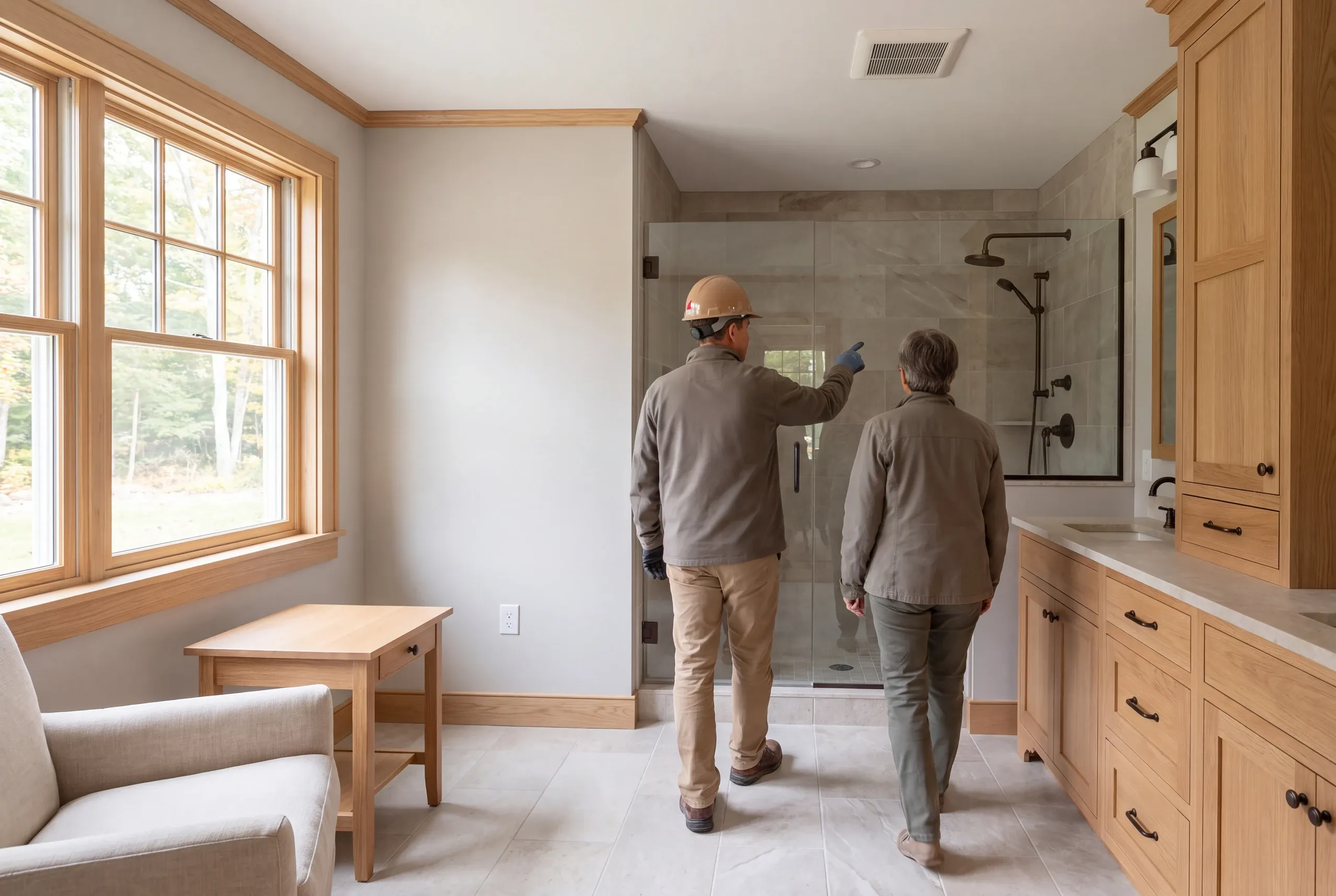 Two adults stand in a completed bathroom with wooden cabinets, a tile shower, and windows on the left wall.