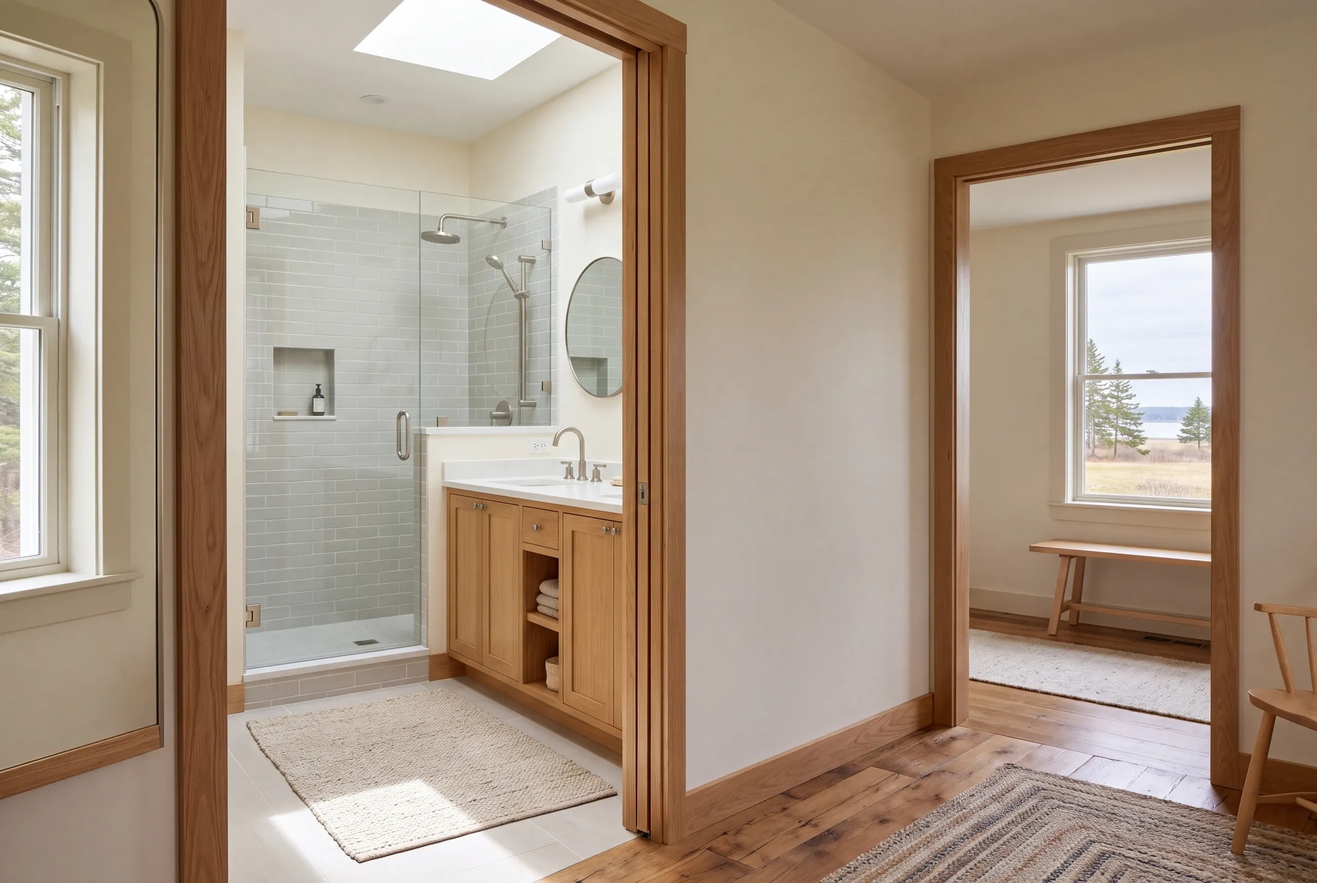A finished bathroom with a glass-enclosed shower, wooden vanity, and tiled floors viewed through an open doorway, with a separate hallway and room visible to the right.