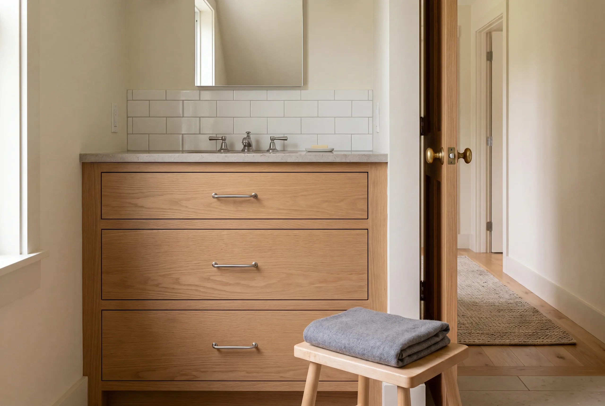 A wooden bathroom vanity with three large drawers sits beneath a mirror and white tile backsplash.
