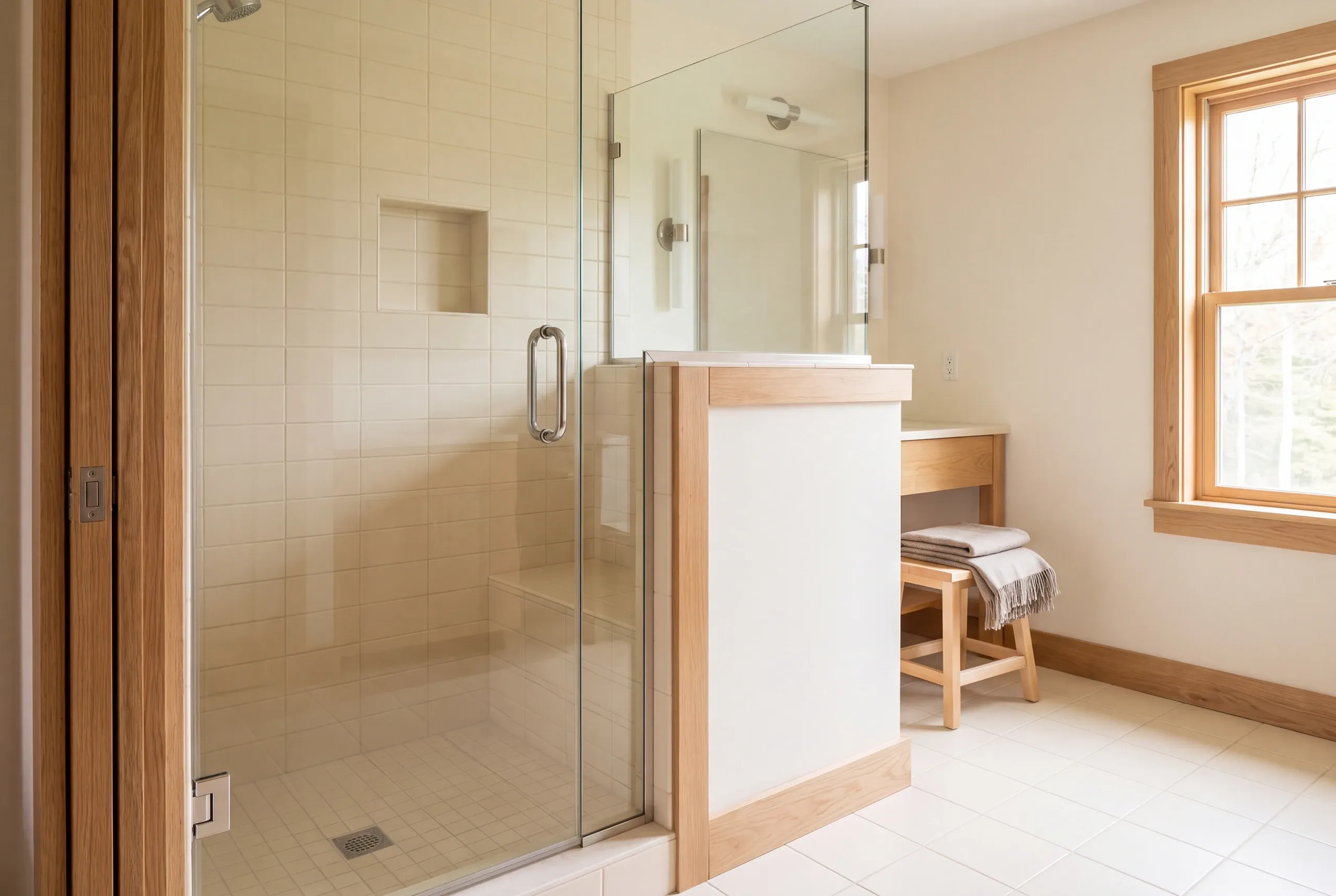 A tiled walk-in shower with a glass door and bench seat stands inside a bright bathroom with a wooden-trimmed window and vanity.