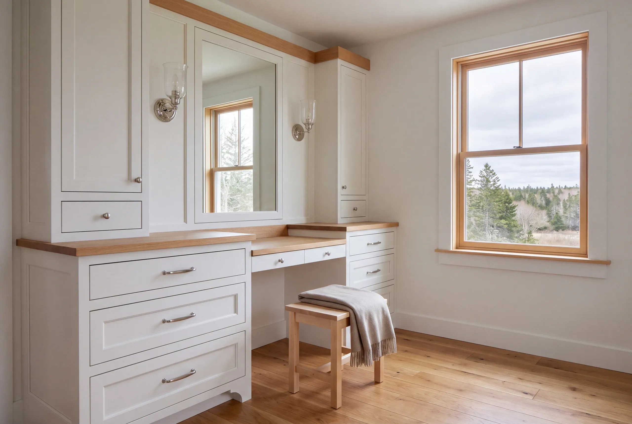 A built-in white vanity with wooden countertops, drawers, and a mirror is set against a wall next to a window showing trees outside.