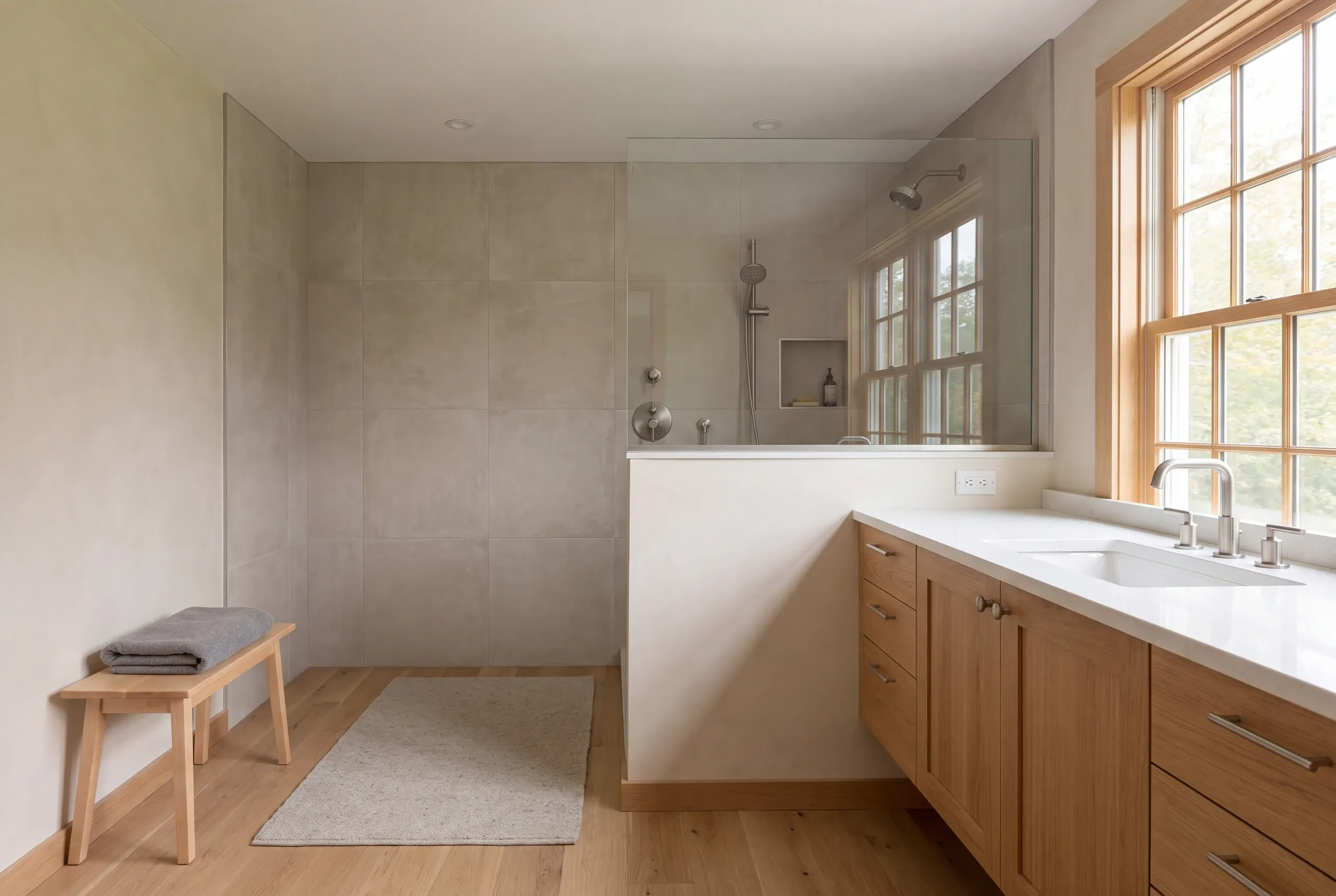 A remodeled bathroom featuring a wooden vanity, a walk-in shower with large tiles and a glass partition, and a wooden bench with a folded towel.