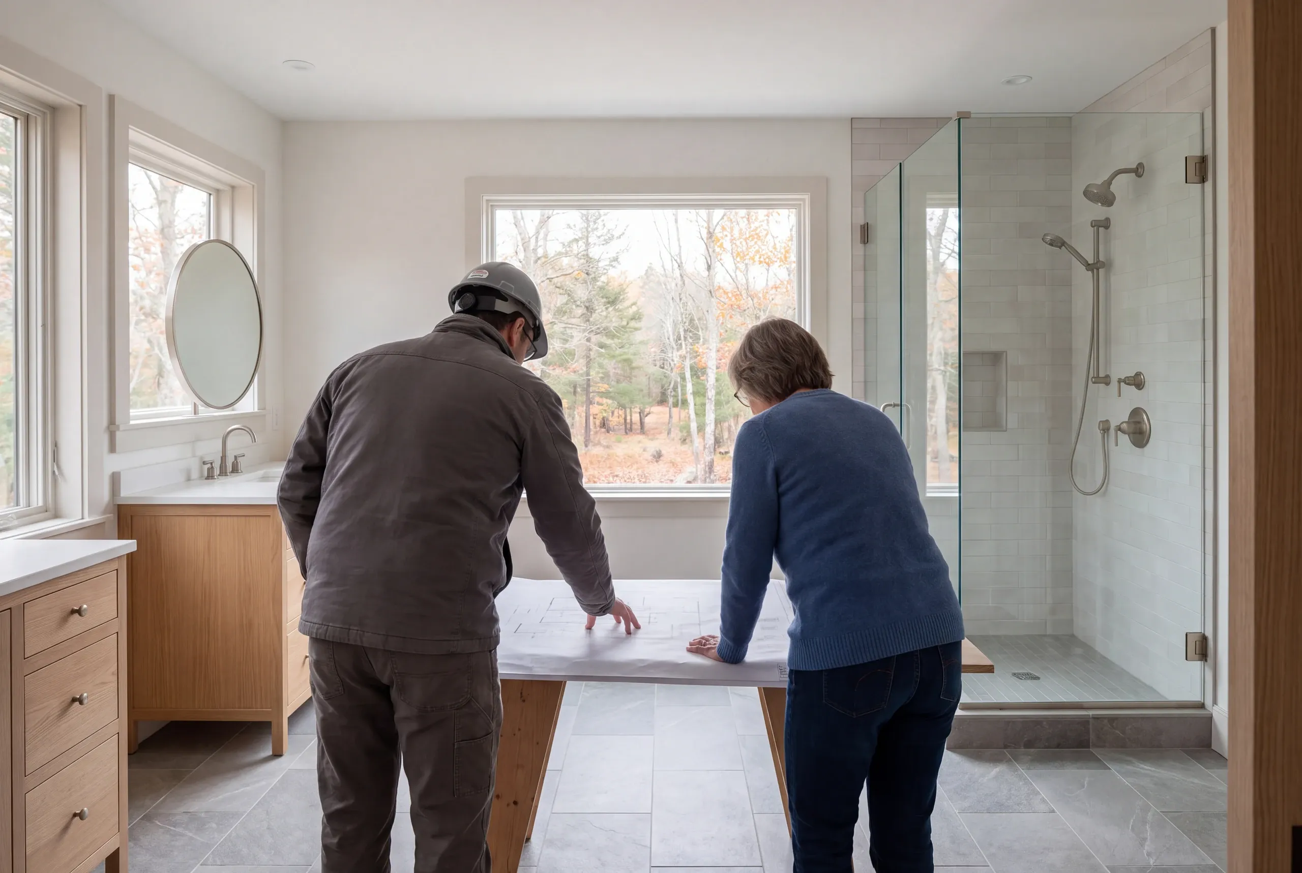 Two adults stand from behind reviewing a floor plan on a table inside a remodeled bathroom with a glass shower and vanity.