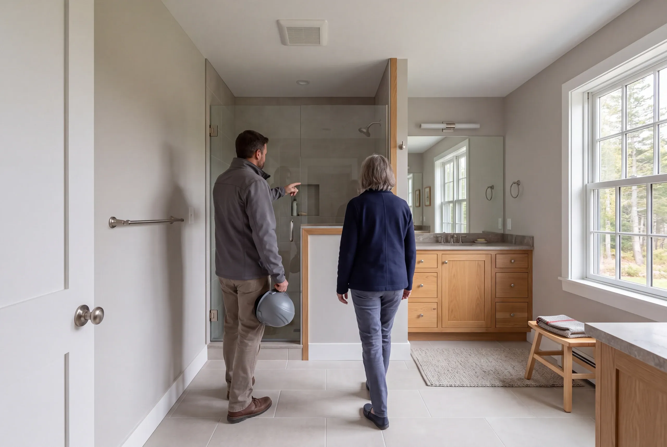 Two adults viewed from behind during a walkthrough of a remodeled bathroom.