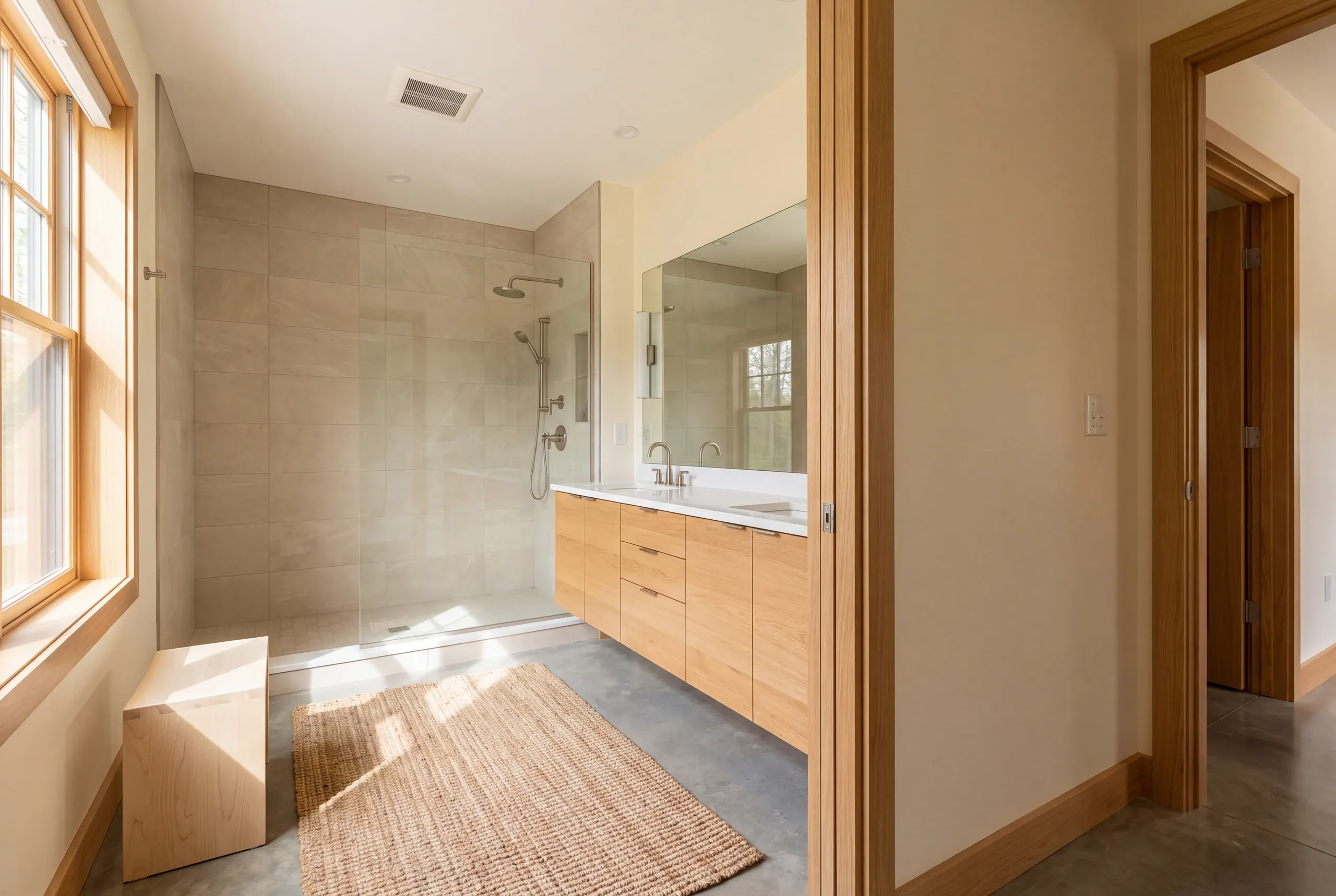 Bathroom remodeling: bathroom interior featuring a tiled walk-in shower, an oak vanity with drawers and a large mirror, and a window.
