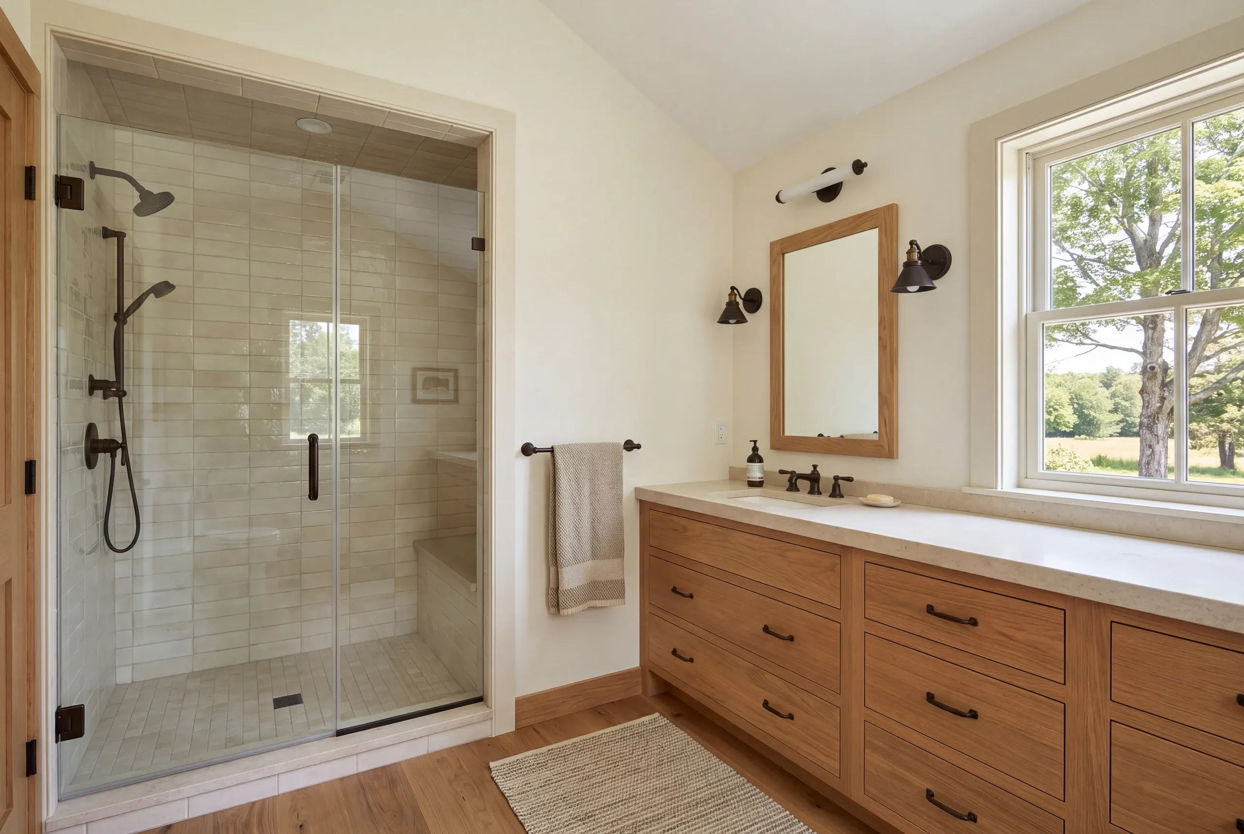 A finished bathroom features a walk-in tile shower with glass doors, a wooden vanity with a stone countertop and double sinks, a wood-framed mirror, and a window looking out to trees.