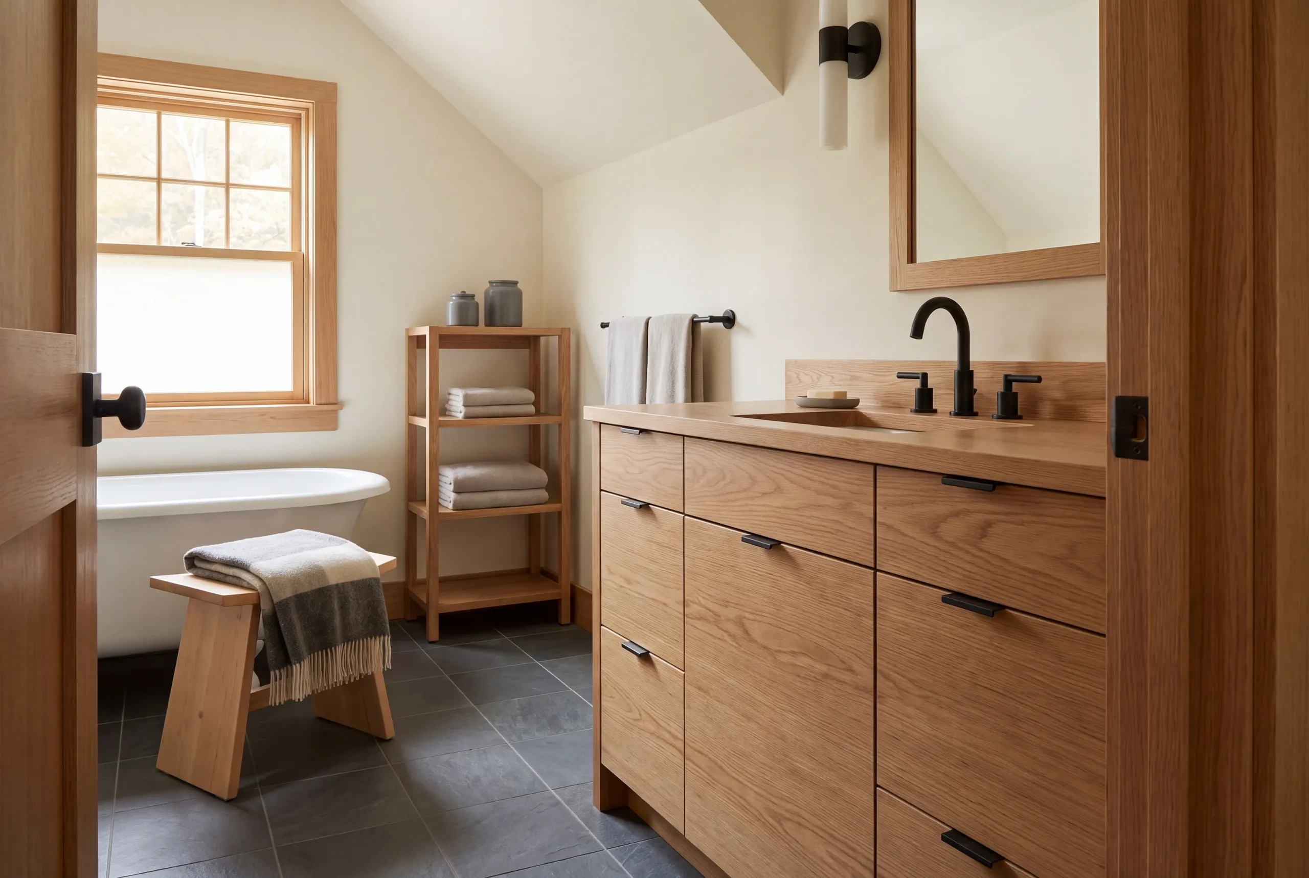 A wooden vanity with multiple drawers stands in a bathroom with a freestanding tub, dark tile floor, and a wooden shelf unit.