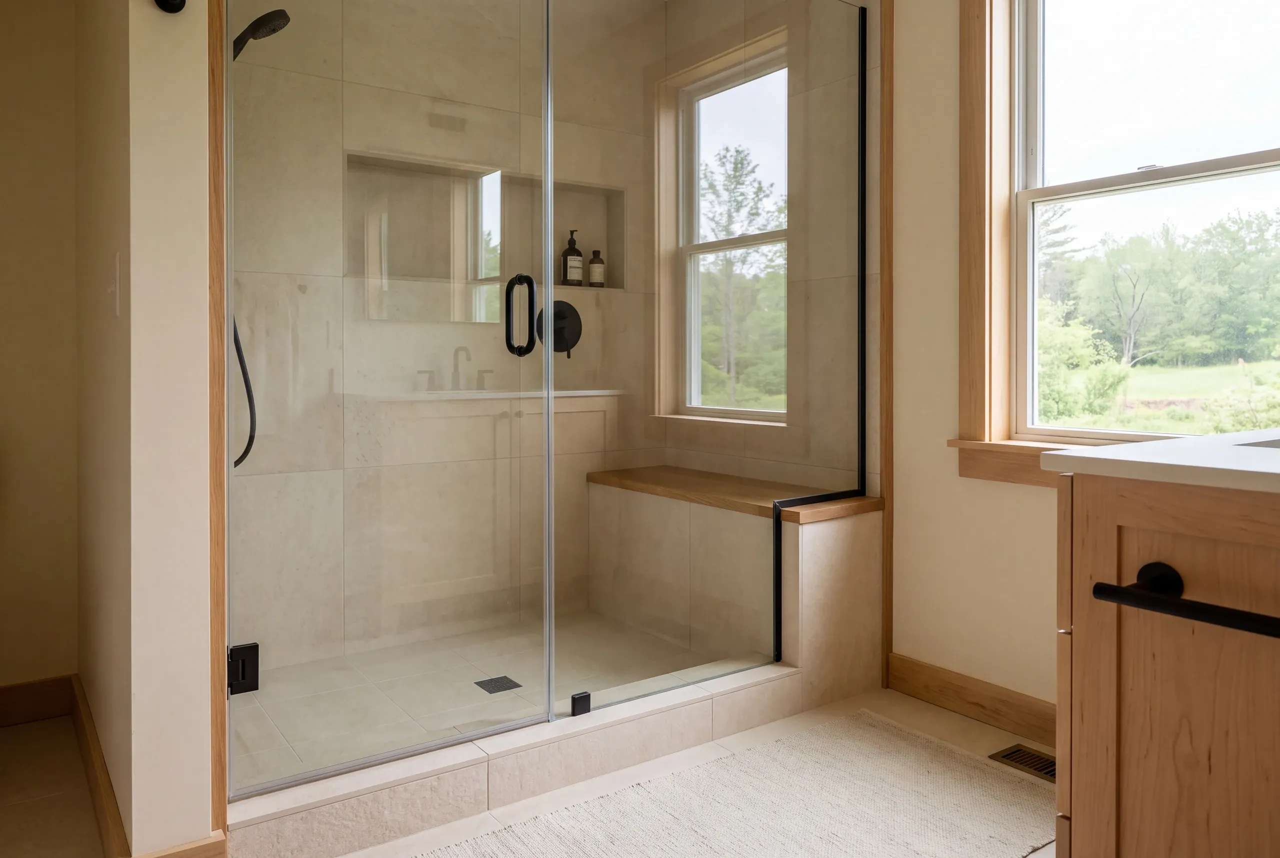 A fully tiled modern walk-in shower enclosure with glass doors, a wooden bench seat, and a window.