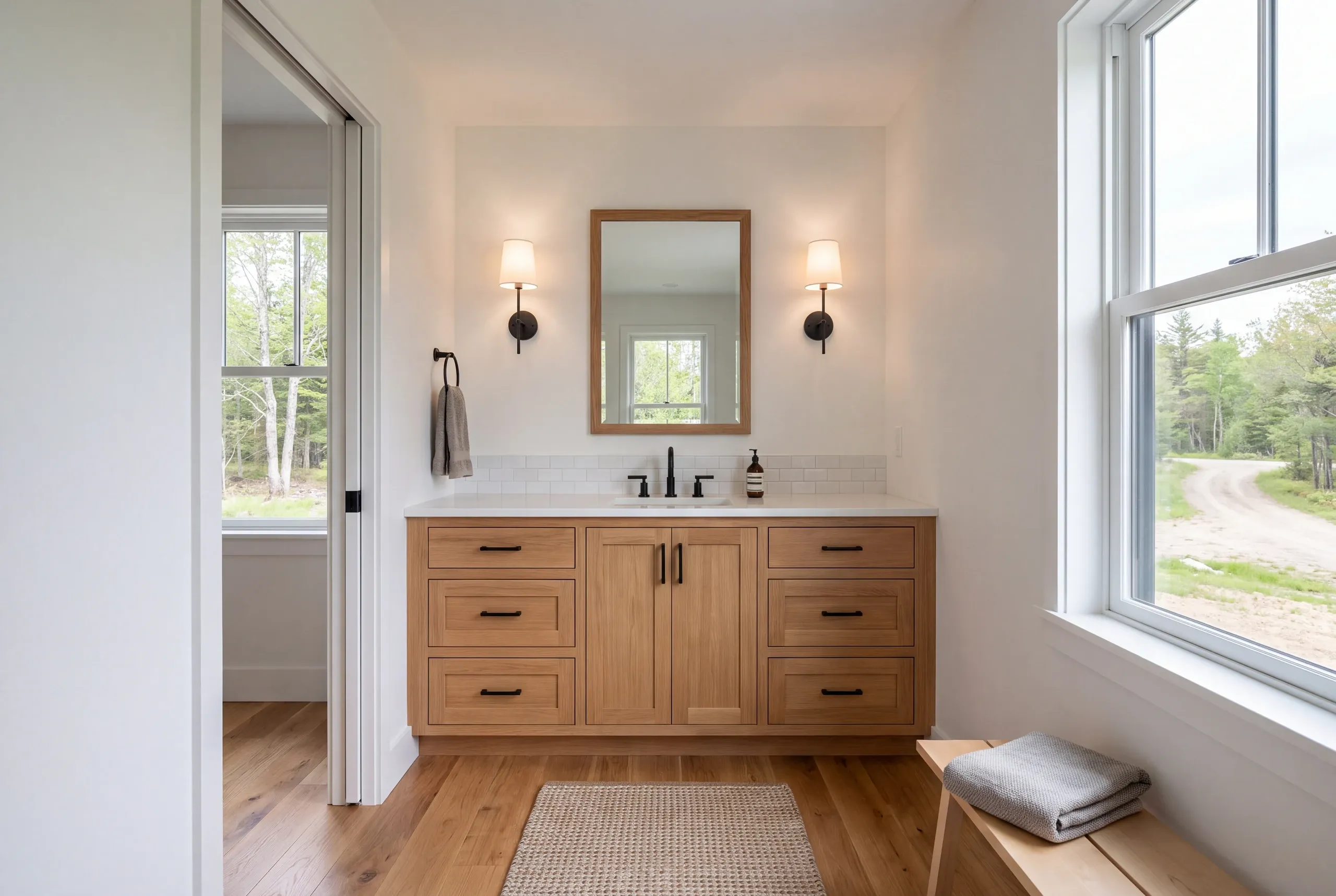 A bright bathroom features a wooden vanity with drawers and cabinets, a rectangular mirror flanked by two sconces, a wooden bench with a folded towel, and a window looking out to trees.