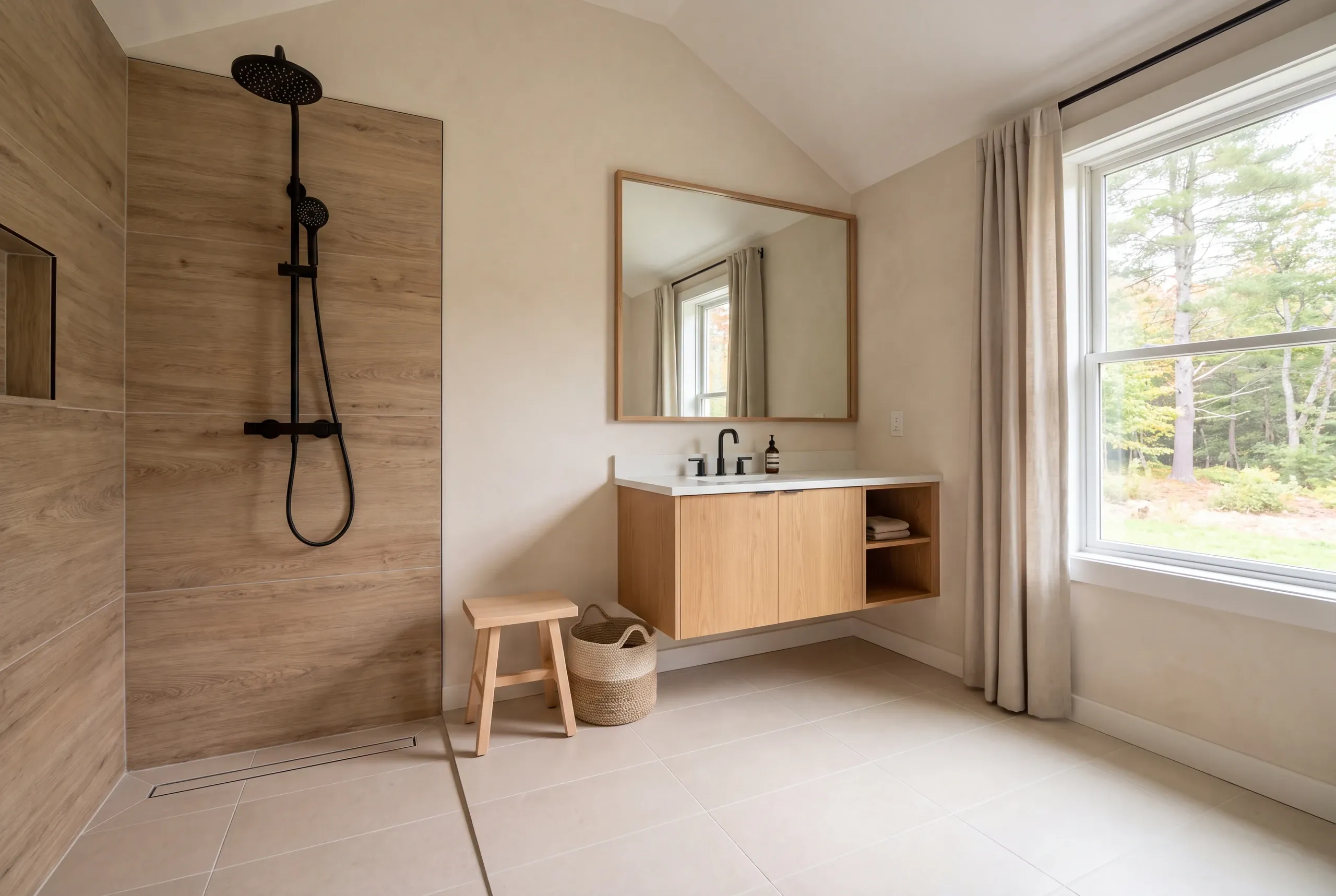 A bright remodeled bathroom features a walk-in shower with wood-look tile, a floating wooden vanity with a large mirror, and a window looking out to trees.