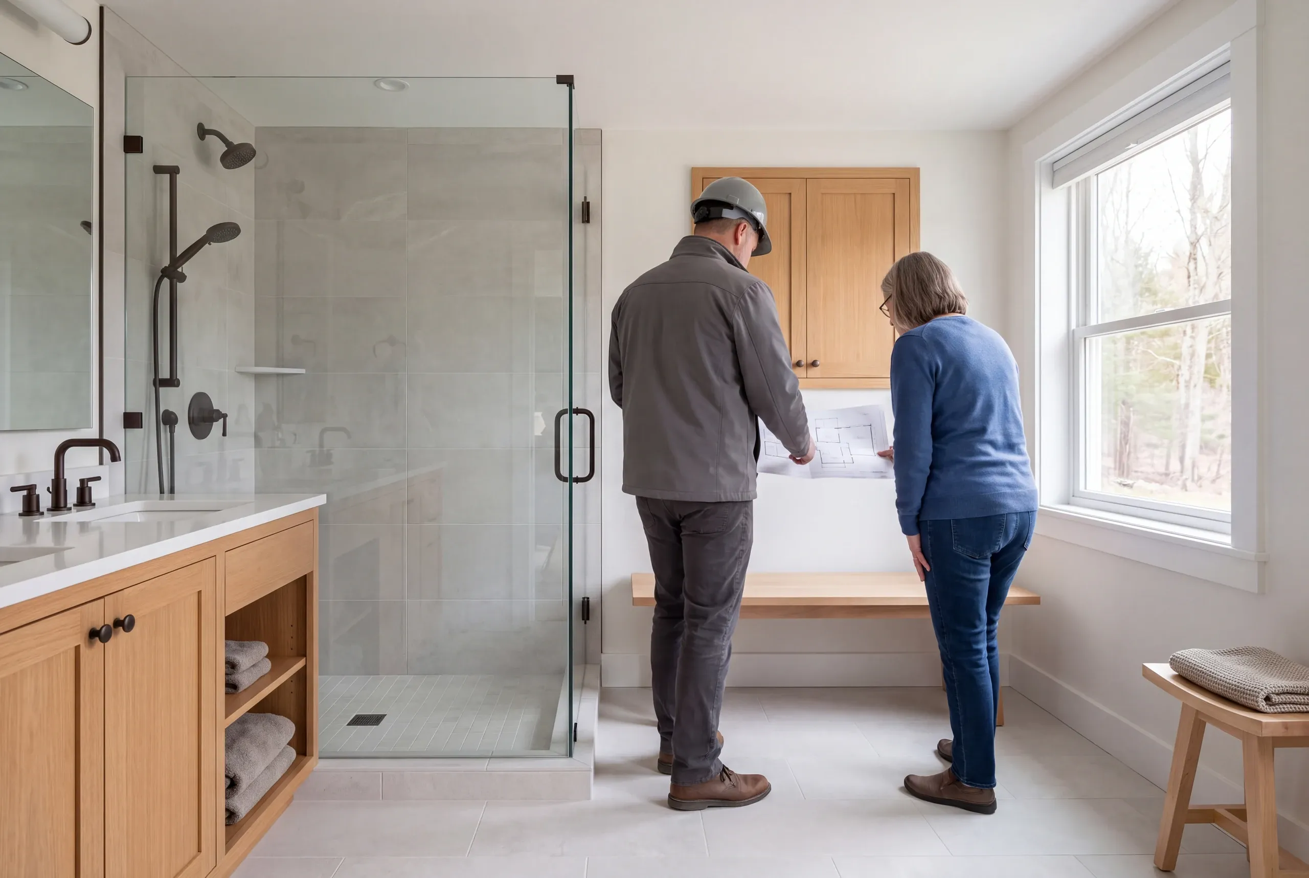 Two people viewed from behind examine a floor plan inside a finished bathroom containing a glass shower and wooden vanity.