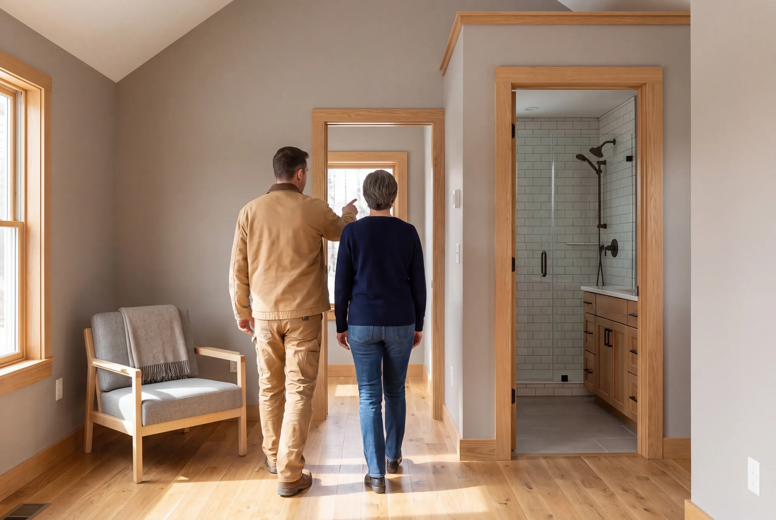 Two adults seen from behind walking through a room with wooden trim towards a bathroom with a tiled shower and wooden vanity.