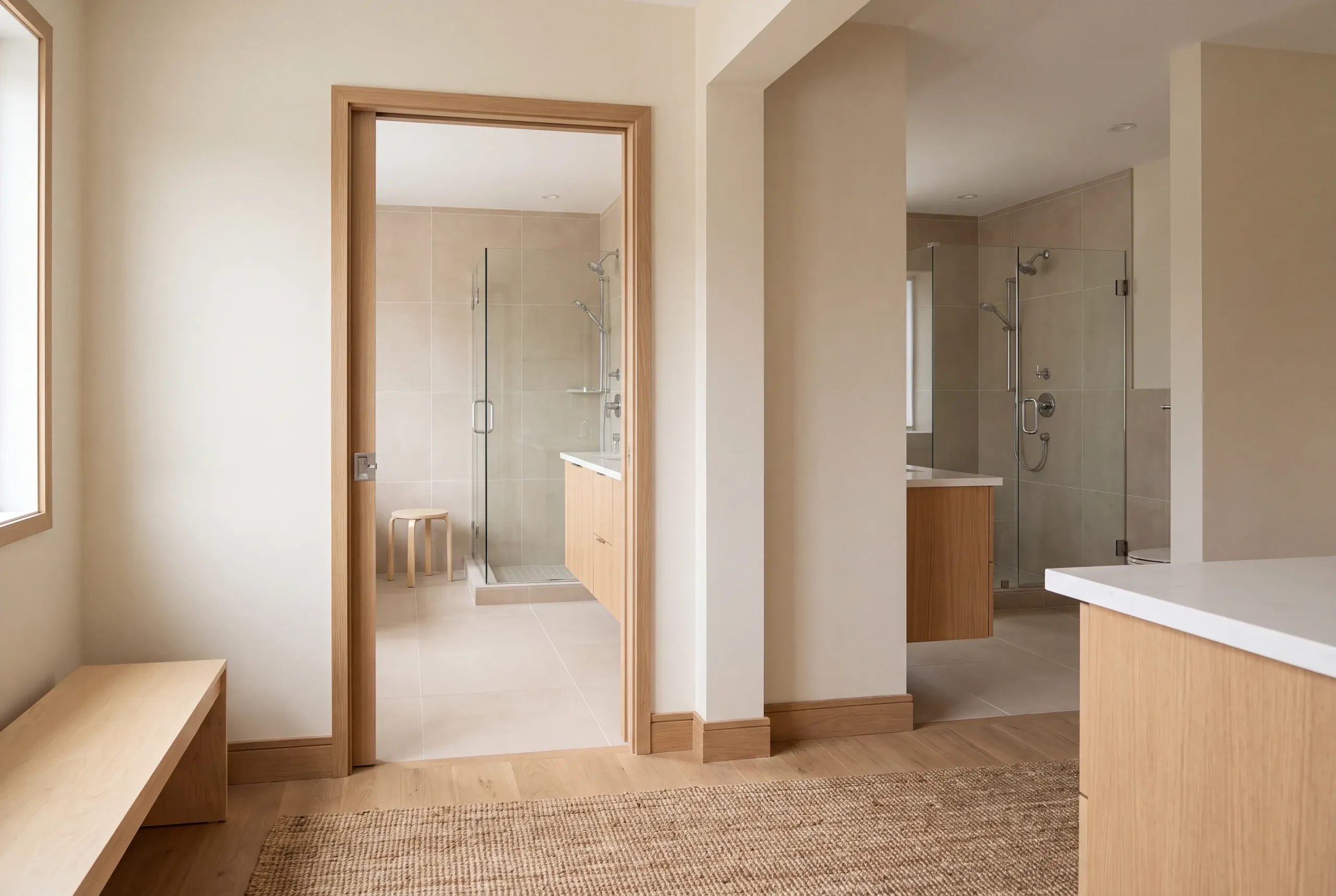 A view through an open wooden doorway showing a finished bathroom with a tile floor, glass shower enclosure, and wooden vanity.