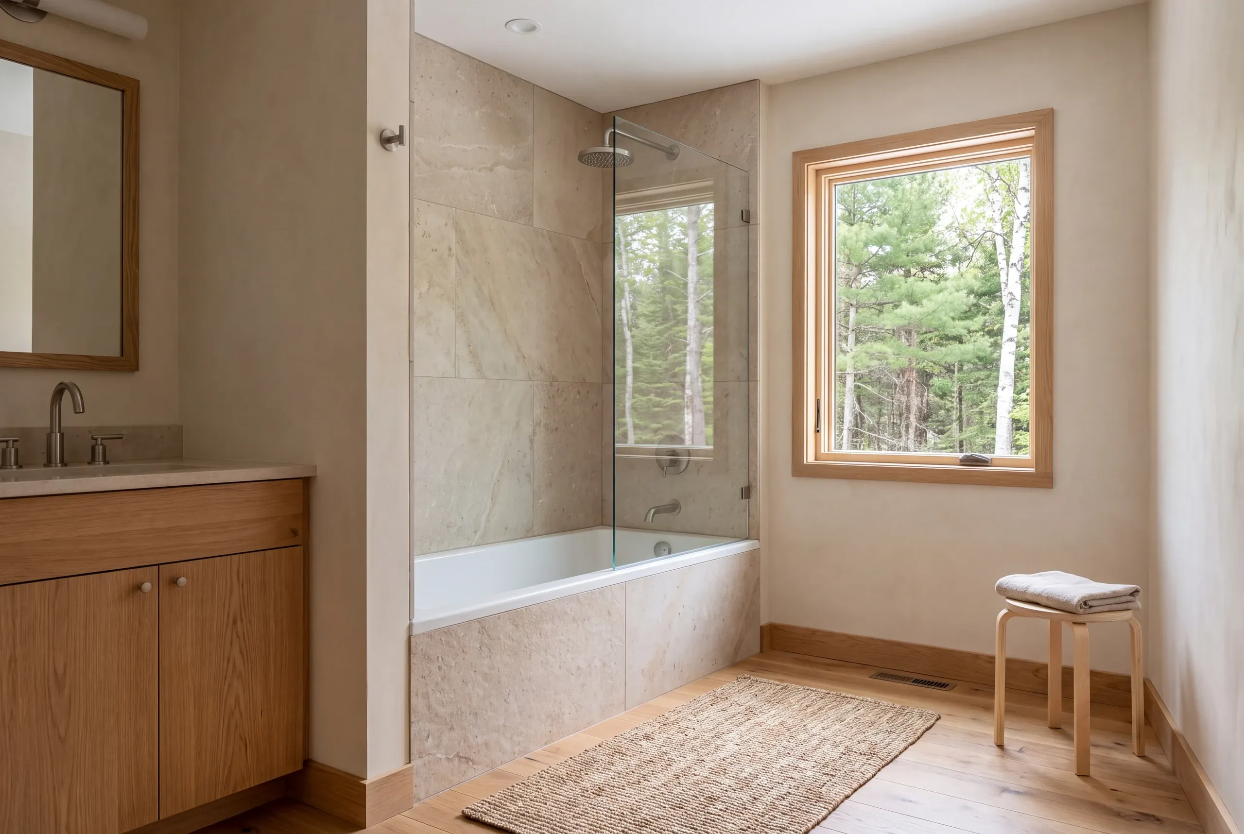 A finished bathroom features a tiled bathtub with a glass splash screen, a wooden vanity with a sink and mirror, a wooden stool with a towel, and a window looking out at trees.