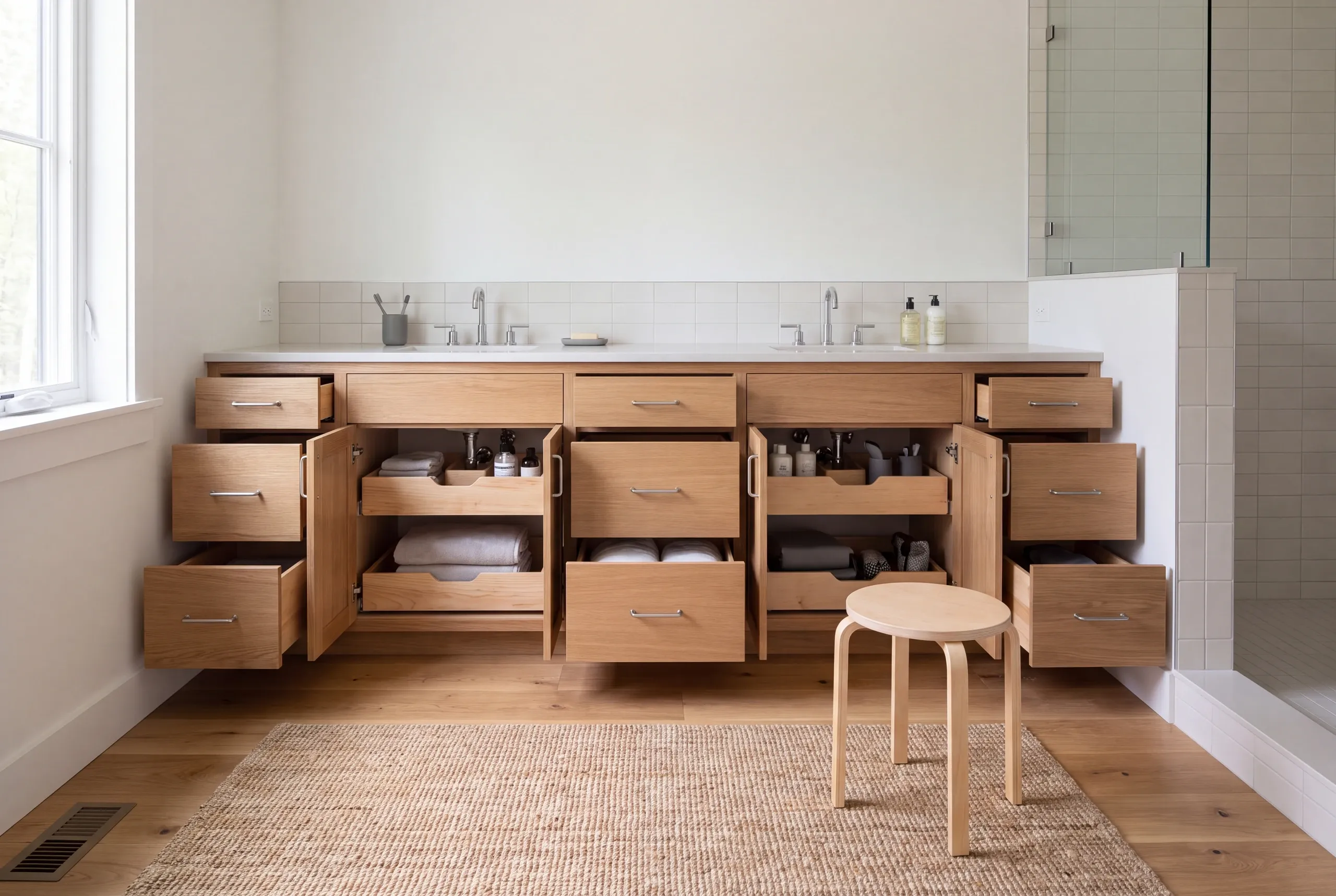 A wooden double-sink vanity with multiple open drawers and cabinets showing storage inside a bathroom with a tiled shower.