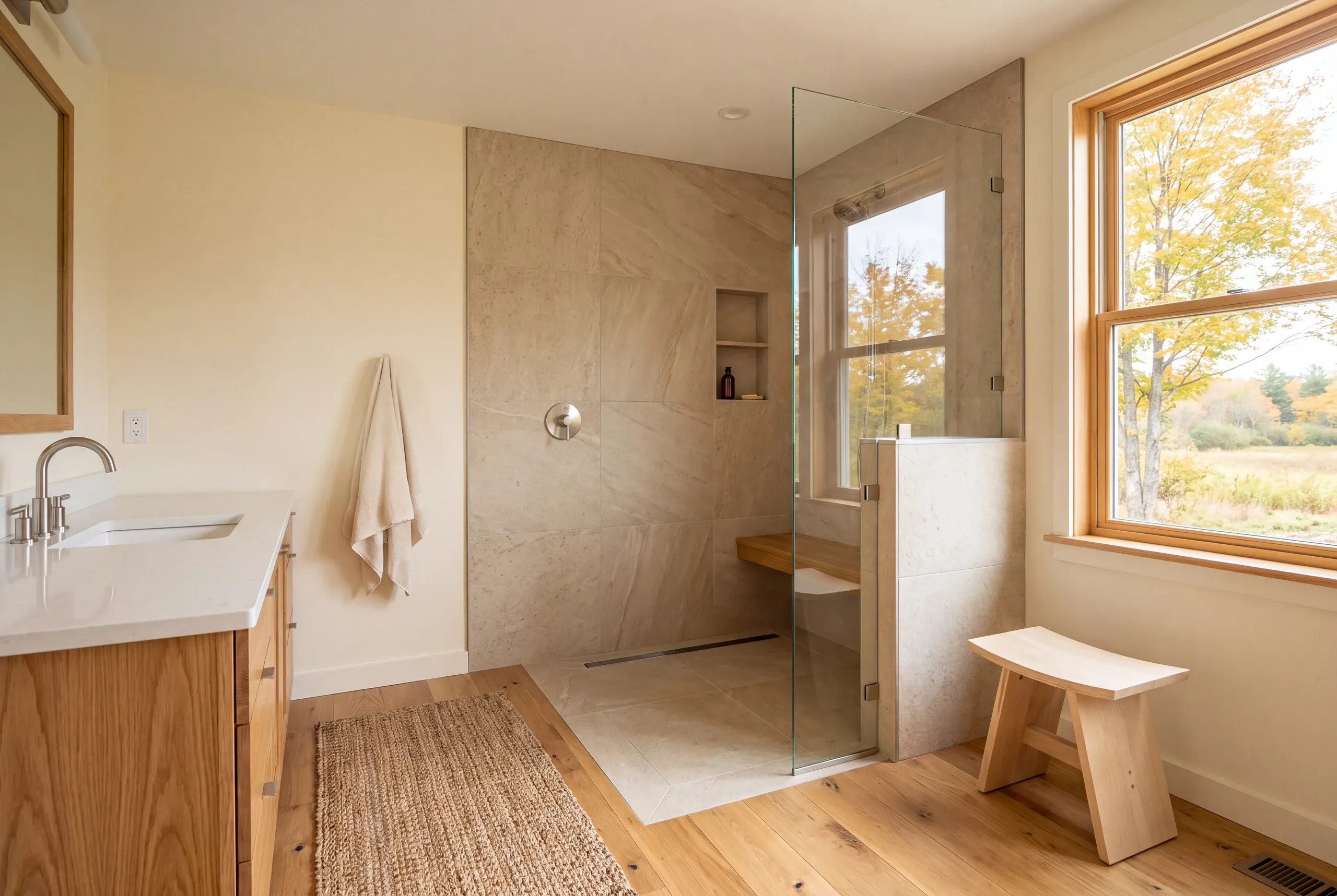 A finished bathroom with a tiled walk-in shower enclosure, glass panel, wooden vanity, and a window showing autumn trees.