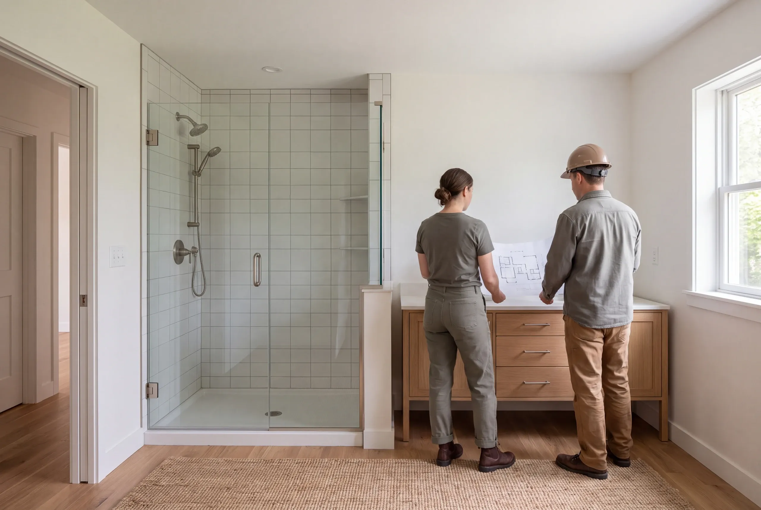 Two adults stand in a remodeled bathroom viewed from behind while holding and reviewing a floor plan document.
