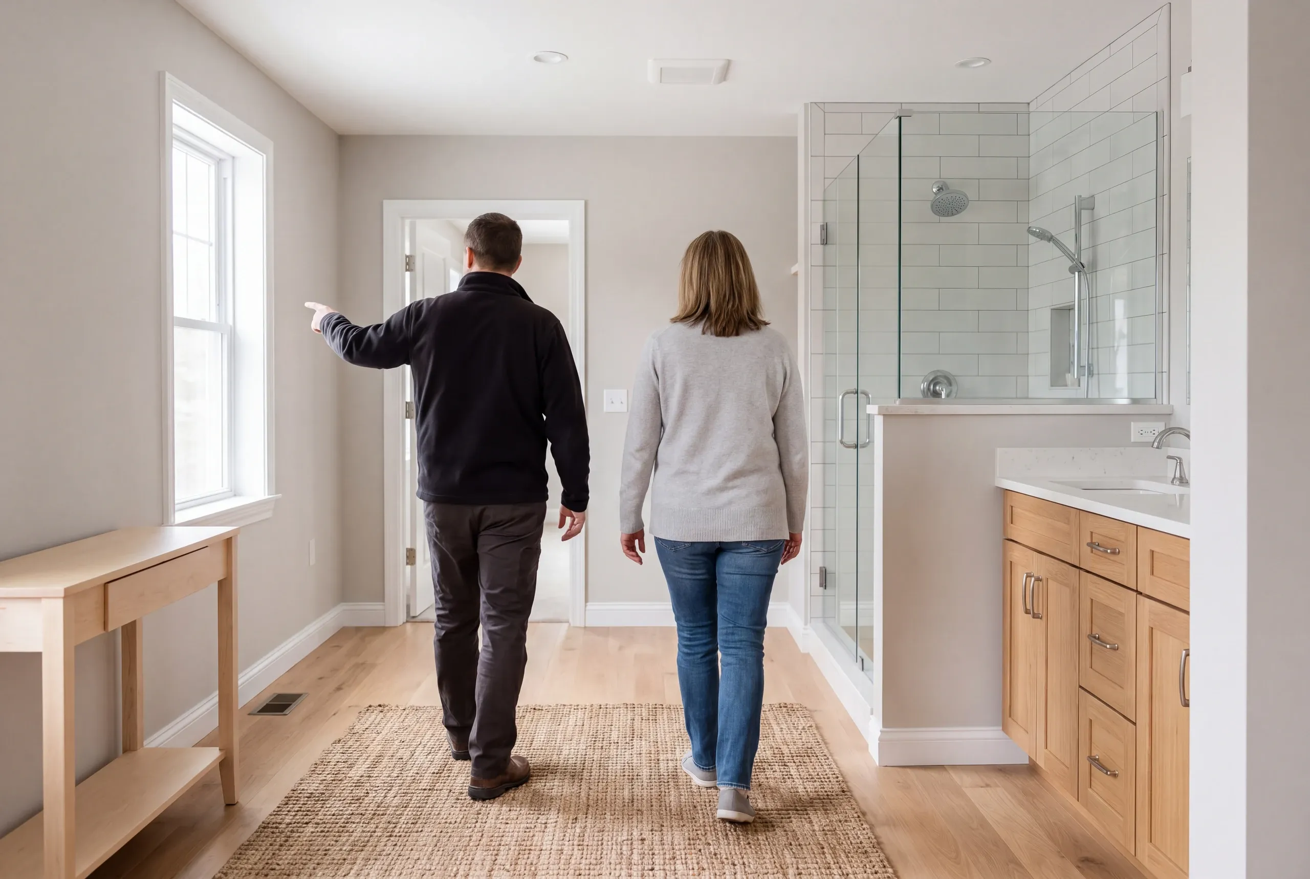 A man and woman walk away from the camera in a finished interior space with a wooden vanity and a tiled shower visible.
