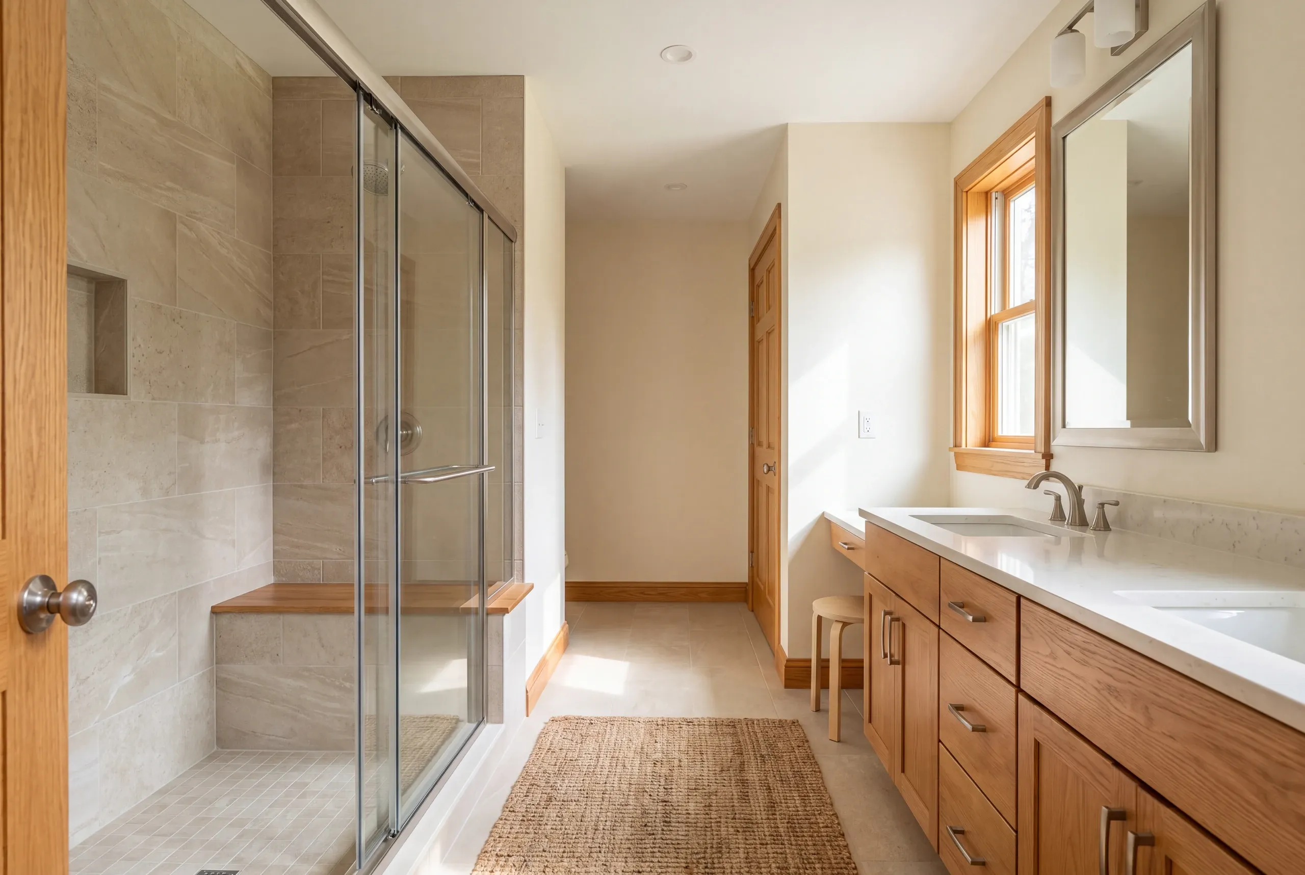 A finished bathroom features a glass-enclosed tile shower with a bench seat on the left and a wooden double-sink vanity with a mirror on the right.