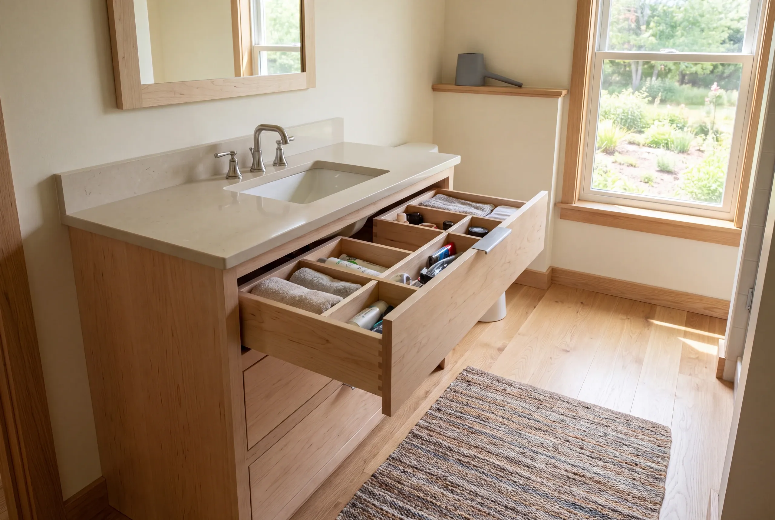 A wooden bathroom vanity with an open top drawer revealing partitioned organization, a sink with a faucet, a mirror above, a rug on the hardwood floor, and a window looking outside.