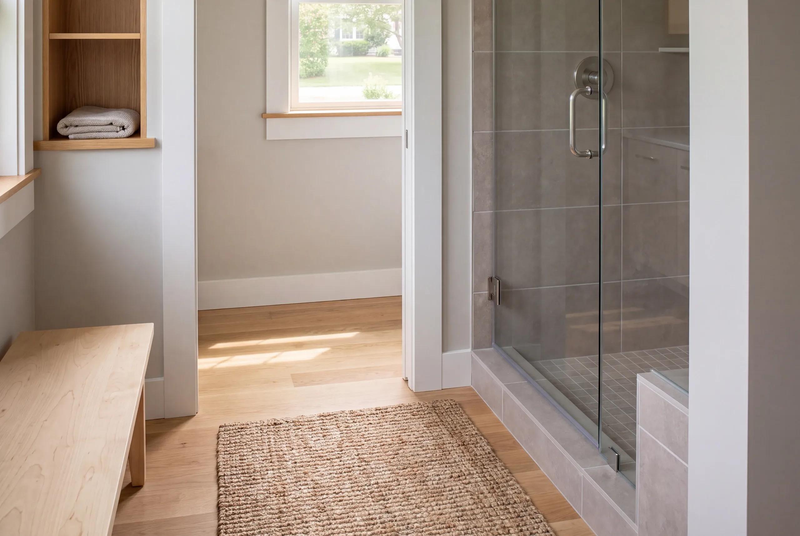 A finished shower with glass door and tile surround next to a wooden bench and built-in shelving.