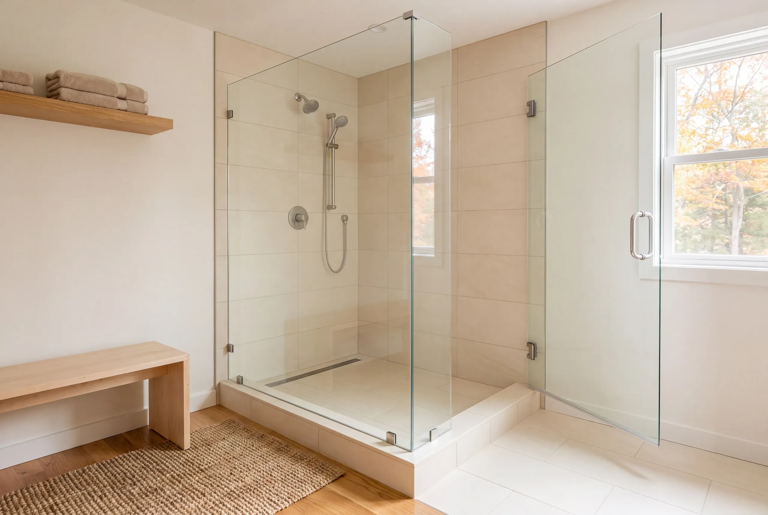 A modern glass-enclosed shower stall with beige tiled walls, a wooden bench, a shelf with towels, and a window.