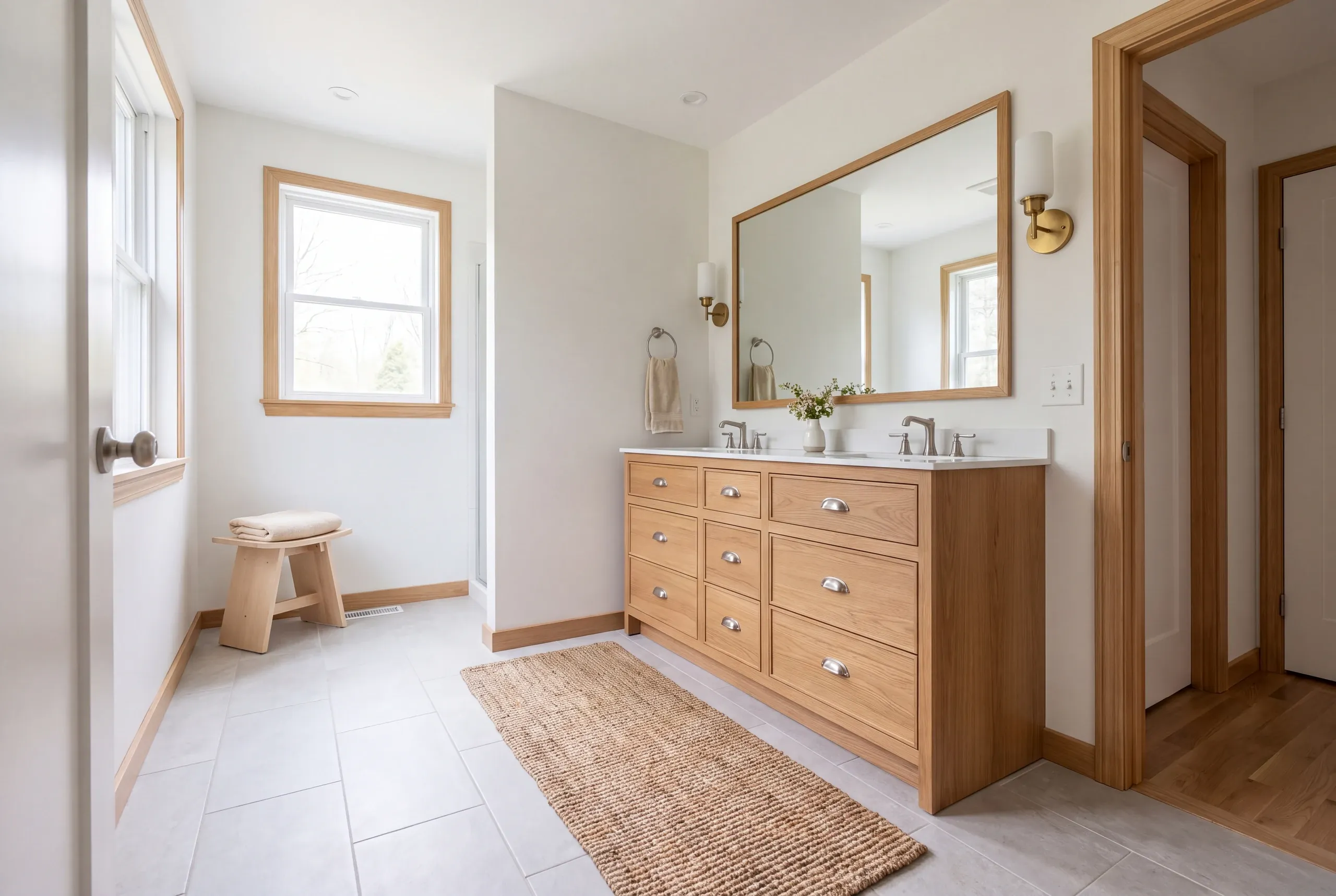 A bright, finished bathroom featuring a light wood double vanity with a large mirror, dual sinks, sconces, a tile floor, and a wooden stool near a window and shower entrance.