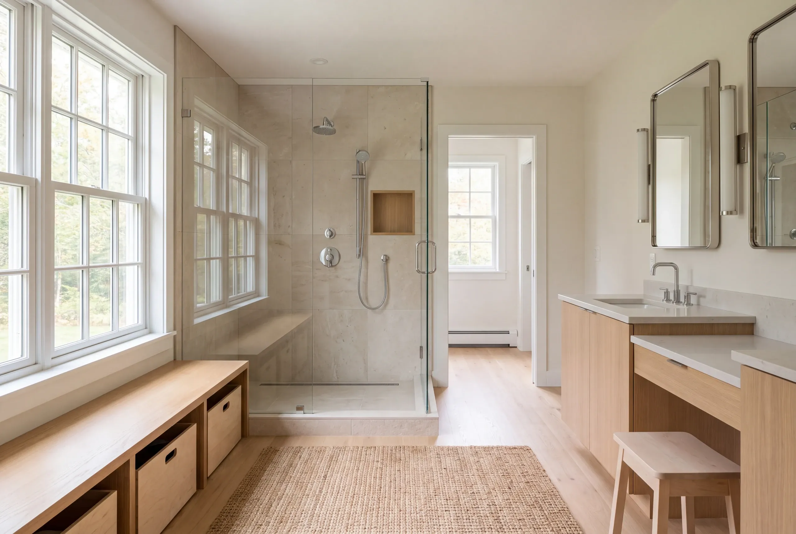 A bright remodeled bathroom features a glass-enclosed walk-in shower, a wooden vanity with dual mirrors, a window bench with storage, and a woven rug on a light wood floor.