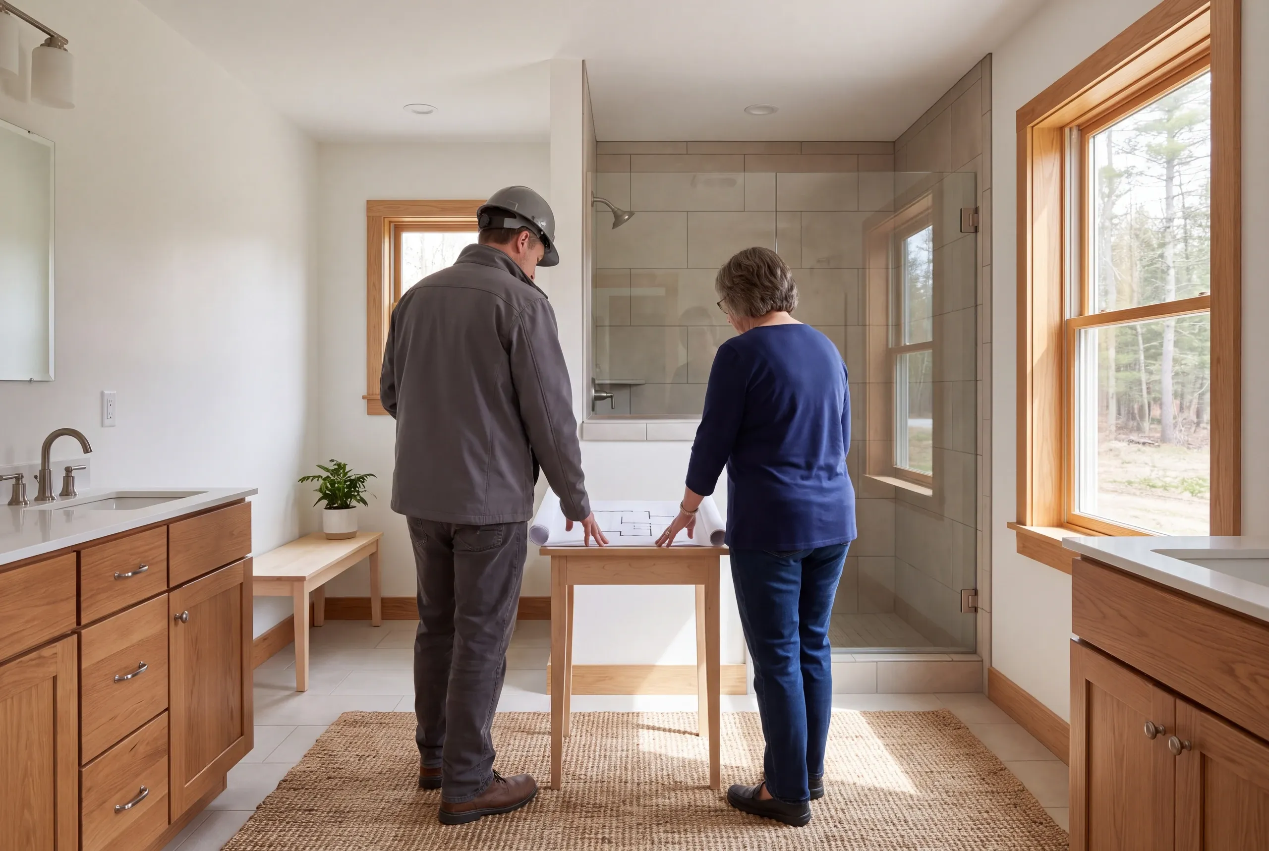 Two adults stand viewed from behind in a remodeled bathroom while looking down at a floor plan spread across a small wooden table.