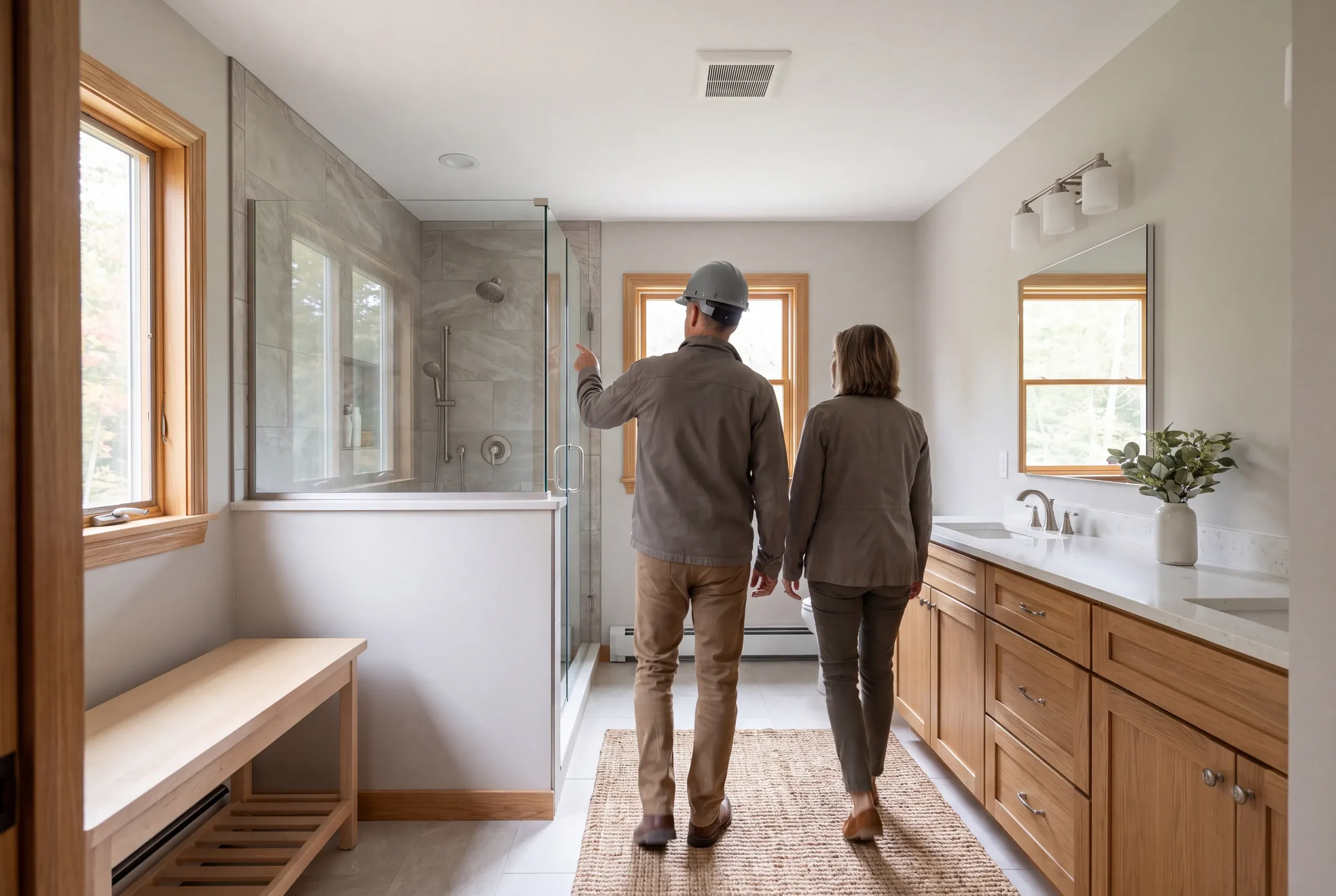 Two adults stand inside a finished bathroom with a tile shower and wooden vanity, viewed from behind.
