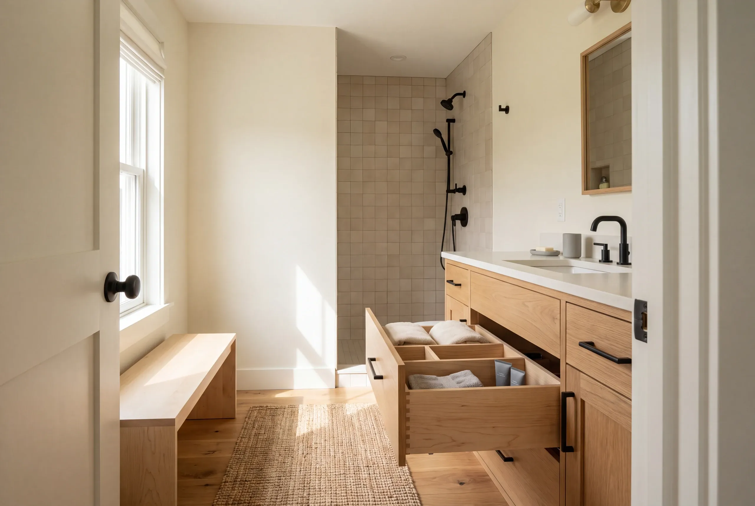 A bright bathroom features a wooden vanity with an open drawer displaying compartments, a matching wooden bench, and a walk-in shower with tiled walls.