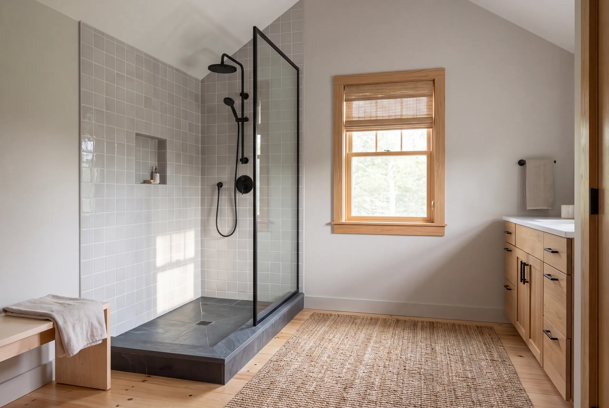 A finished tiled shower with a black glass enclosure, dark stone shower pan, and black fixtures in a modern bathroom.