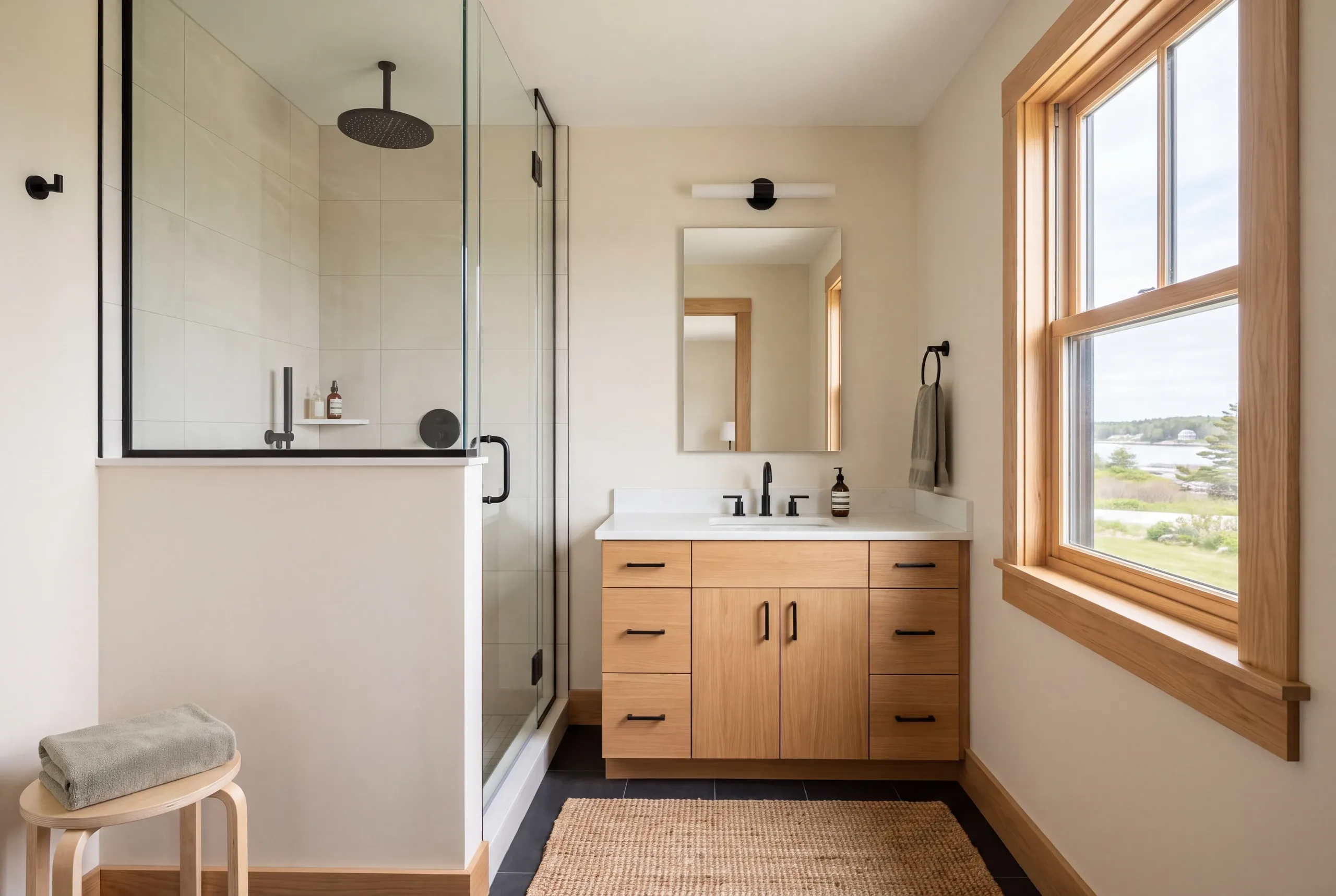 A newly remodeled bathroom featuring a glass walk-in shower on the left, a light wood vanity with a white countertop and mirror in the center, and a wooden window on the right with an outdoor view.