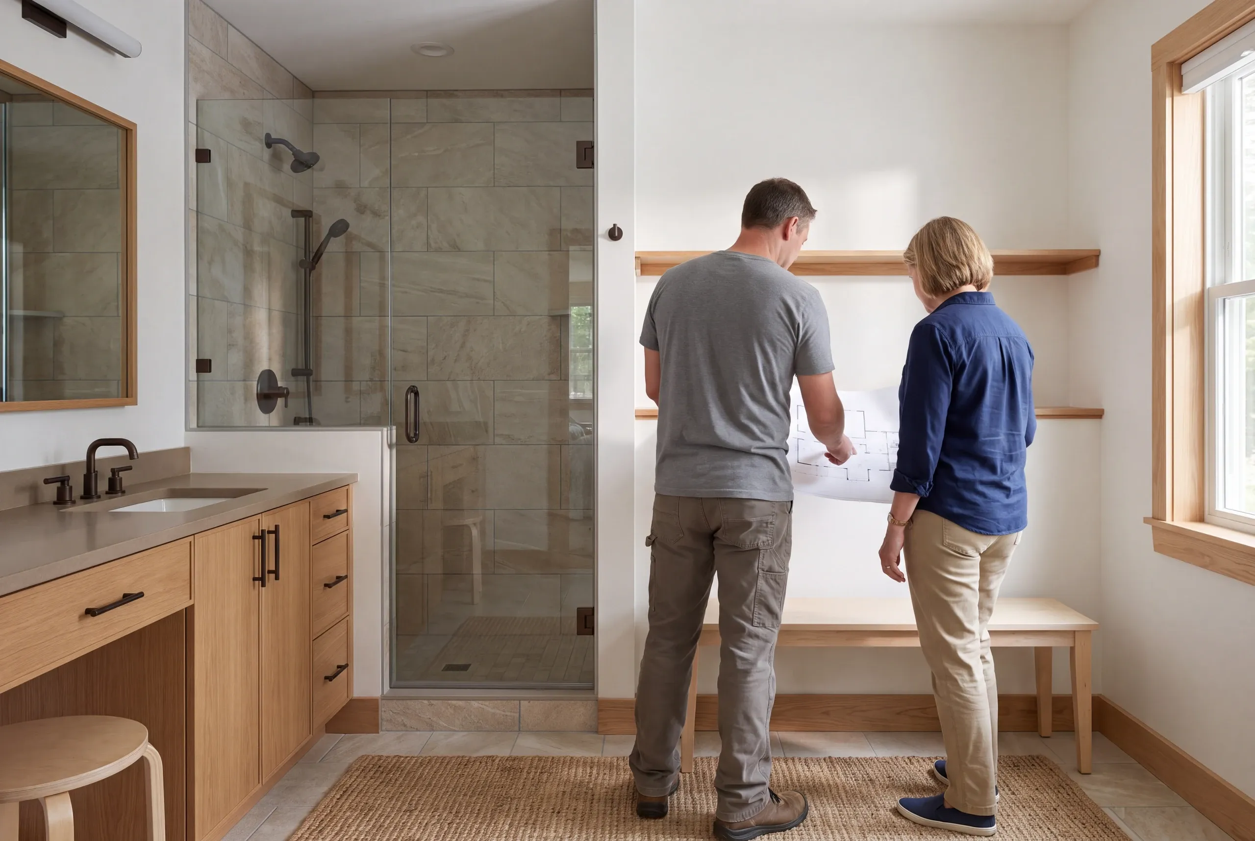 Two adults stand viewed from behind inside a remodeled bathroom while holding and reviewing a floor plan.