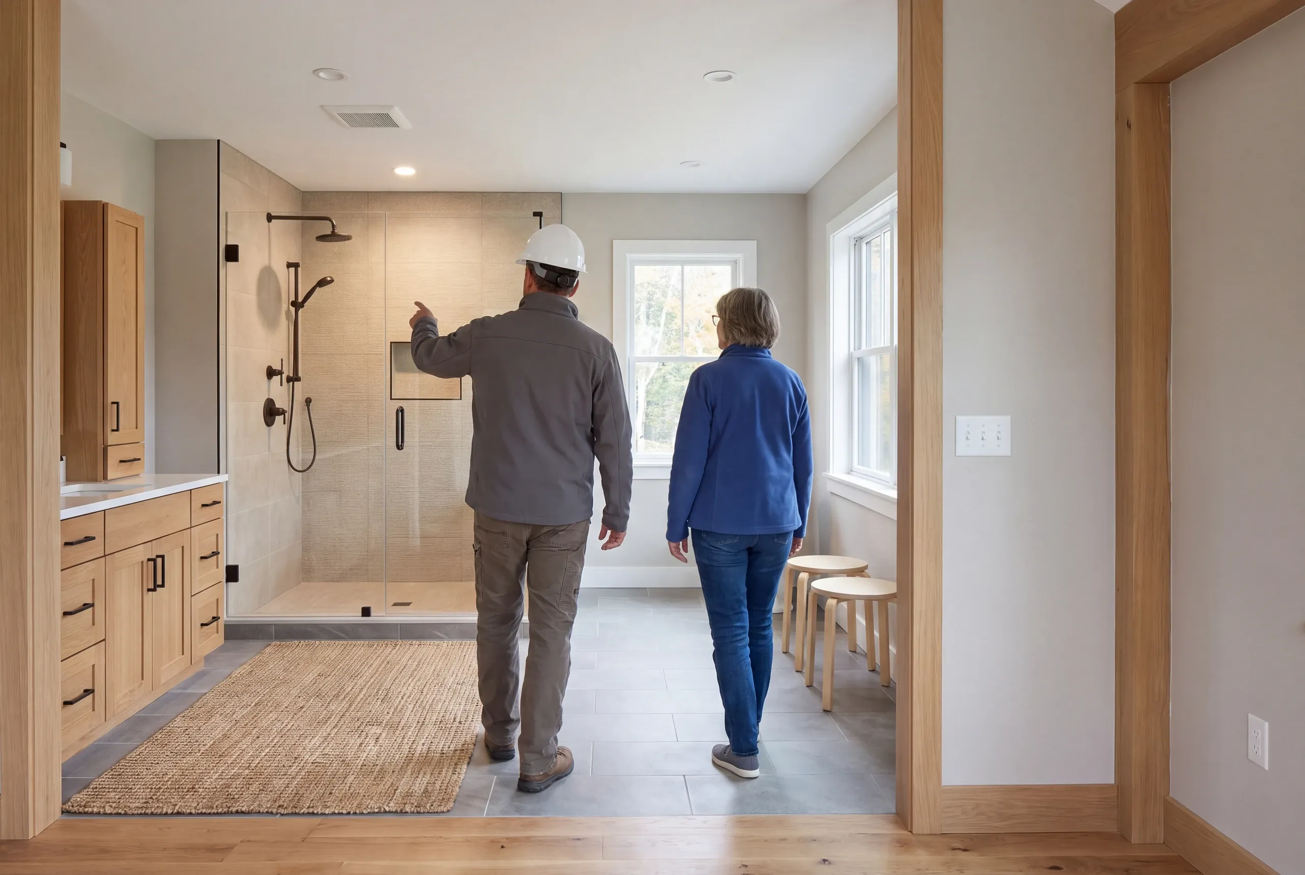 Two adults viewed from behind walk through a remodeled bathroom containing a tile shower, vanity cabinetry, and wood accents.