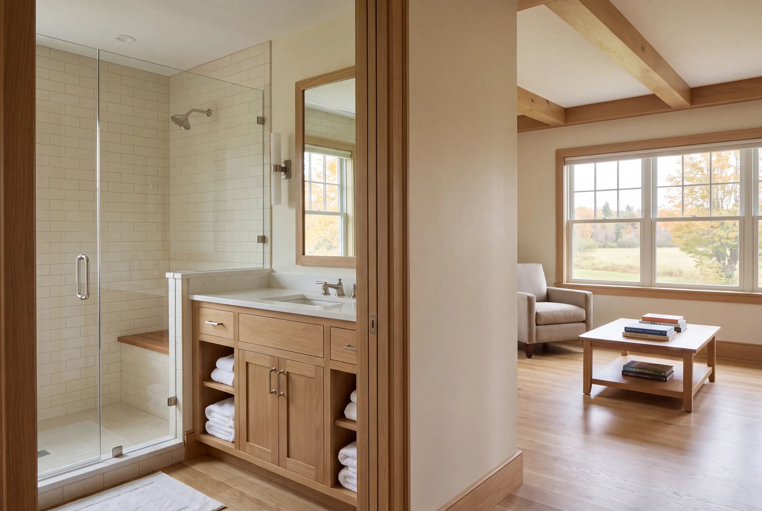 A finished bathroom with a glass-enclosed shower and wooden vanity is visible next to an adjoining living area with a coffee table and armchair.
