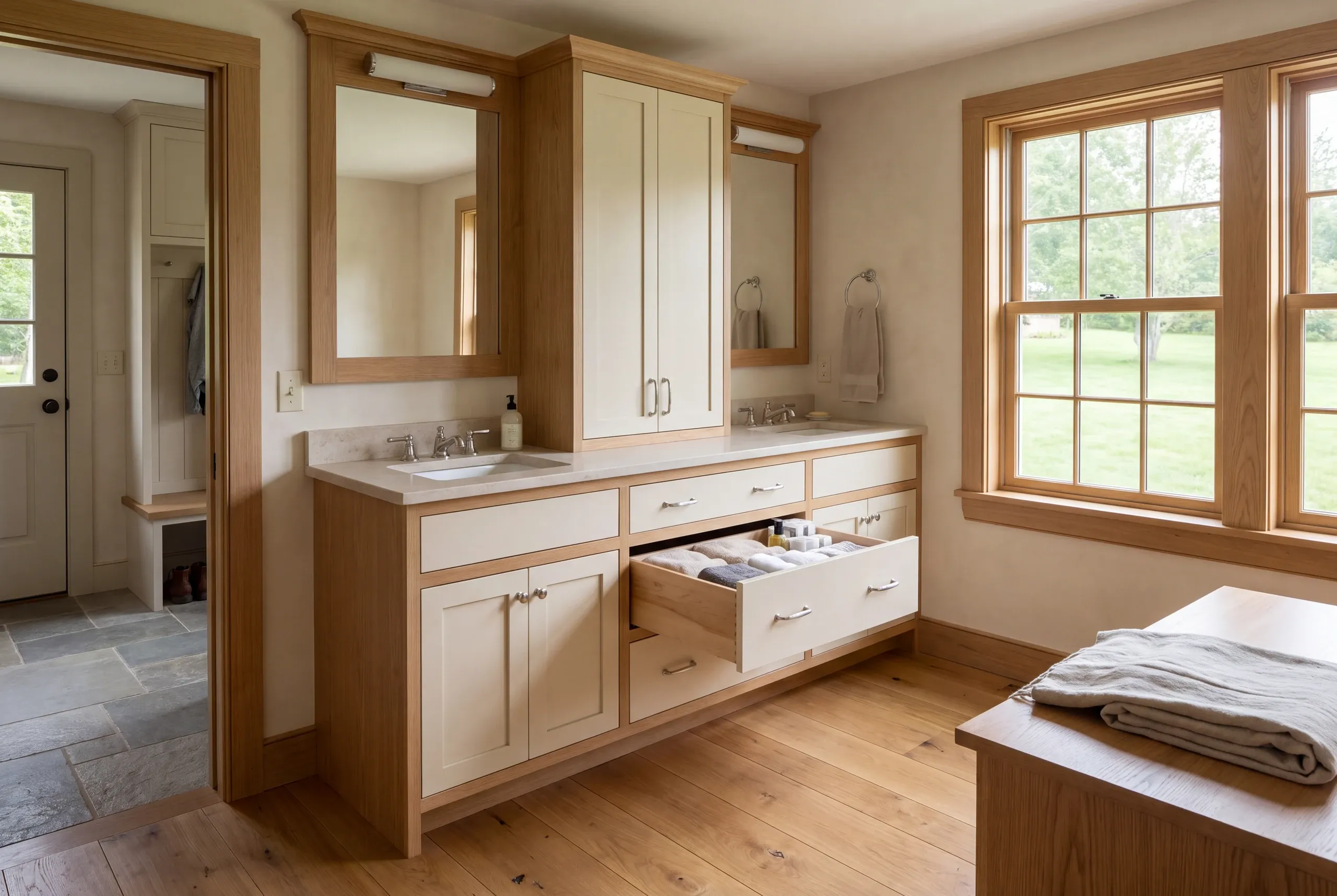 A bathroom featuring a wooden double vanity with a wide open middle drawer displaying organized towels and toiletries.