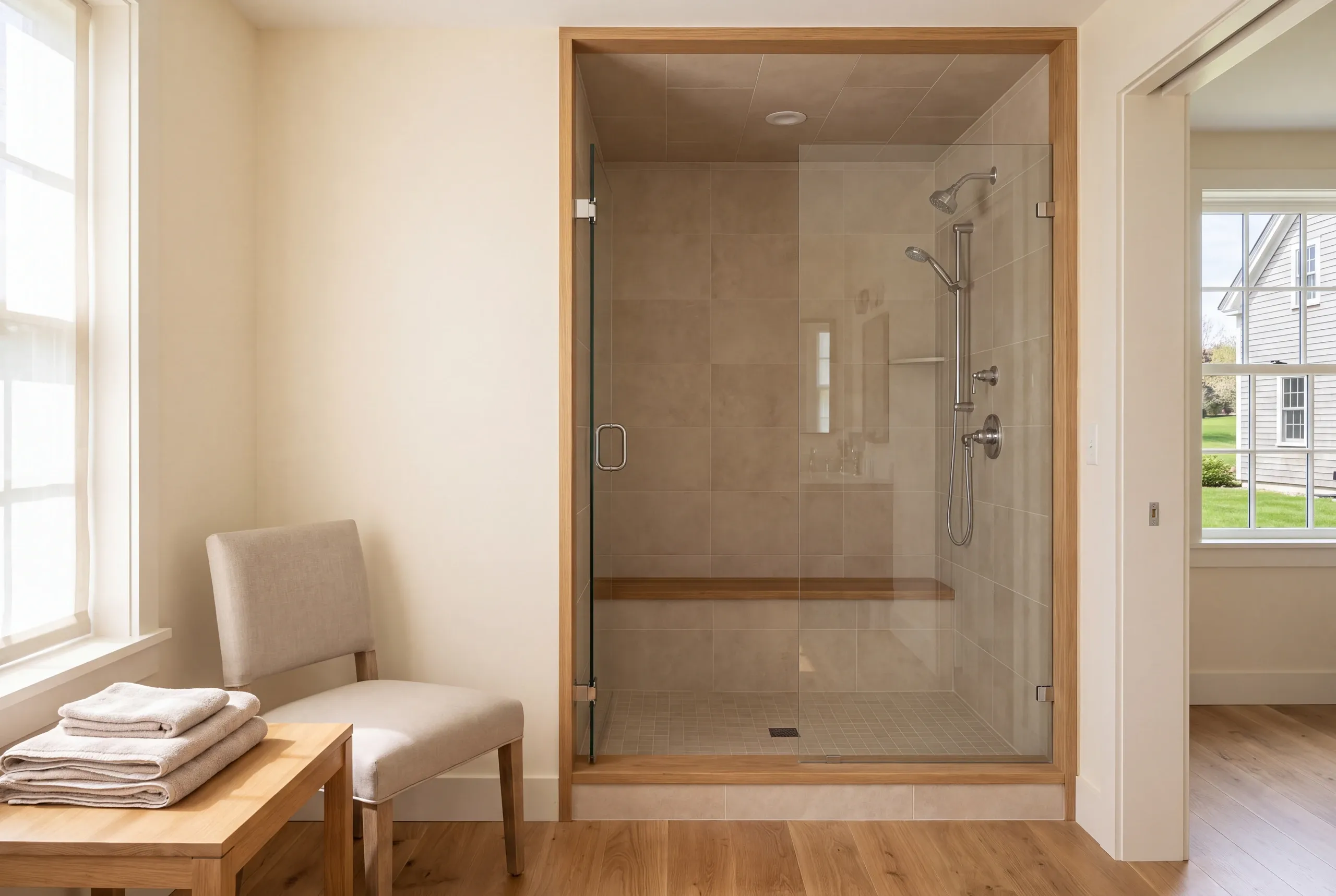 A modern tiled walk-in shower enclosure with a glass door, wooden bench, and polished fixtures in a finished room.