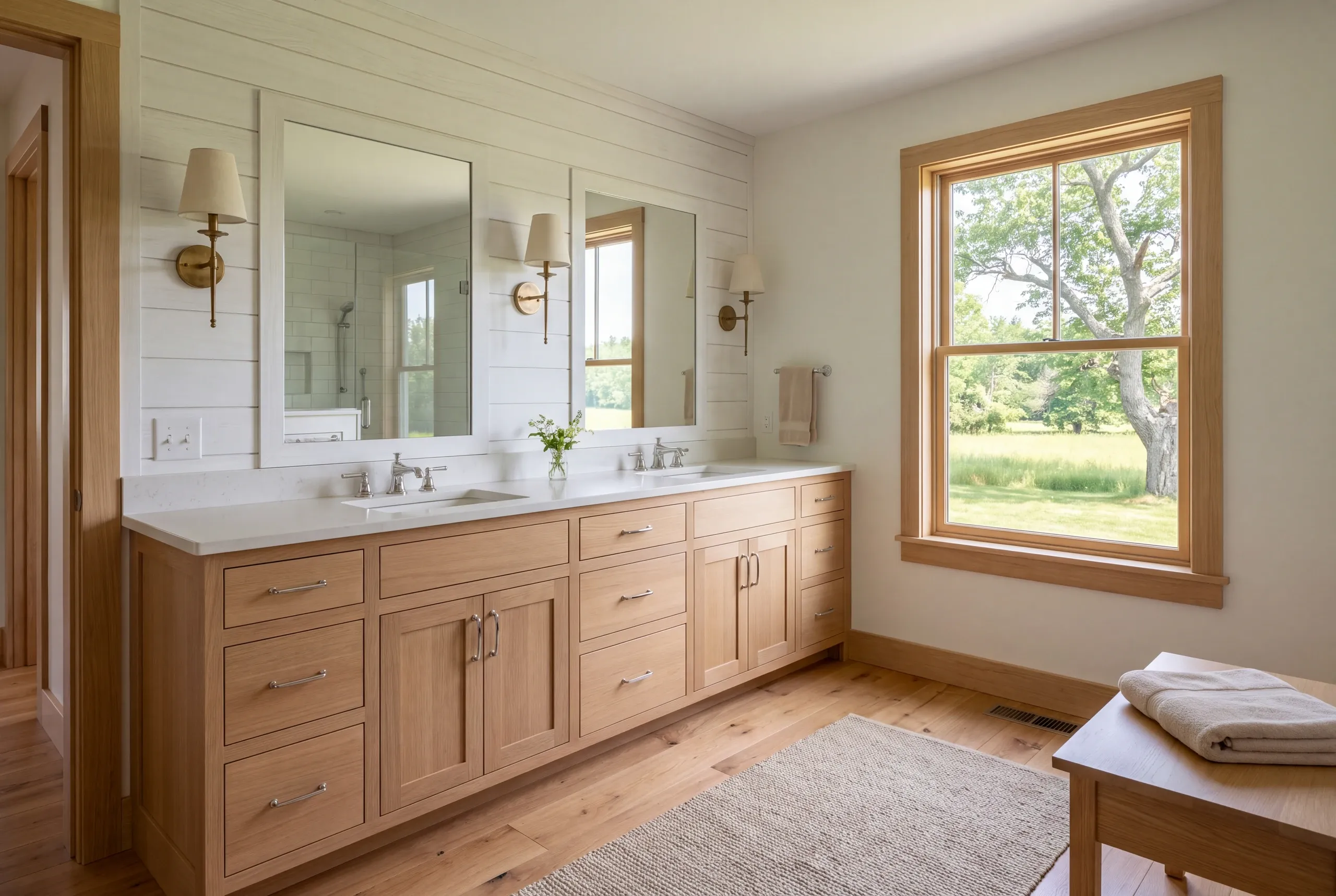 A finished bathroom featuring a double wooden vanity with dual sinks, mirrors, sconce lighting, and a window overlooking a grassy field.