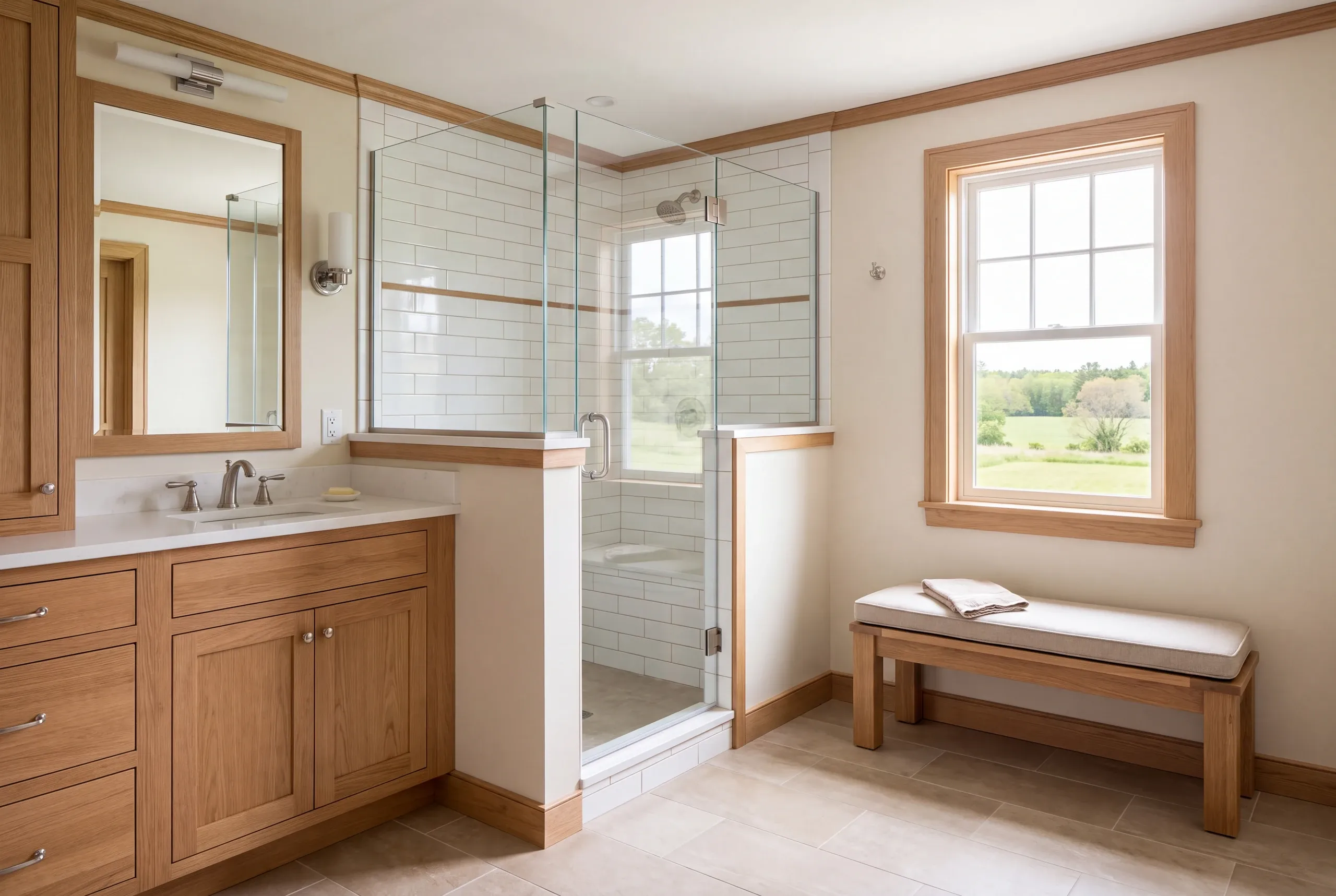 A bright remodeled bathroom with wooden cabinetry, a glass-enclosed shower, a large window, and a wooden bench.