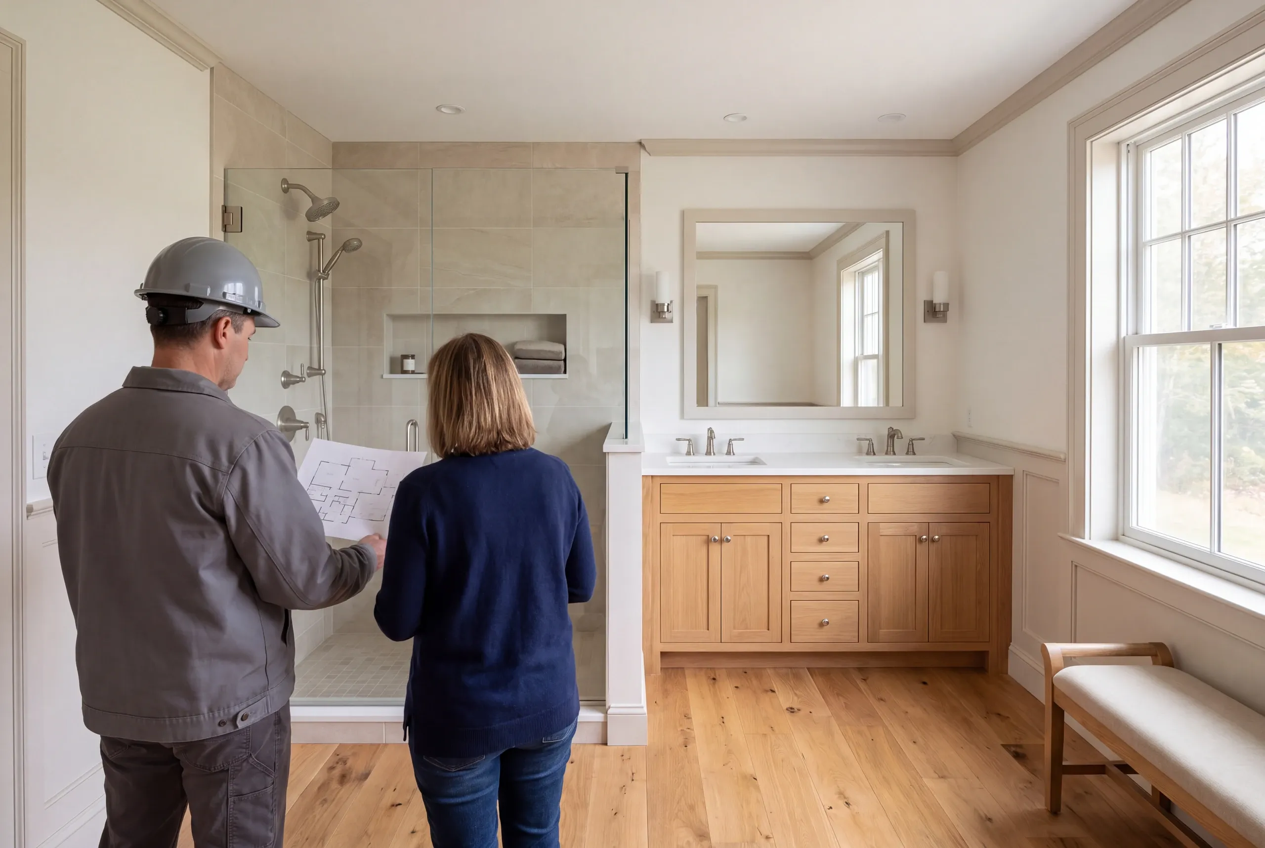 Two adults in plain clothes stand from behind reviewing a floor plan inside a remodeled bathroom with a glass shower and wooden double-sink vanity.