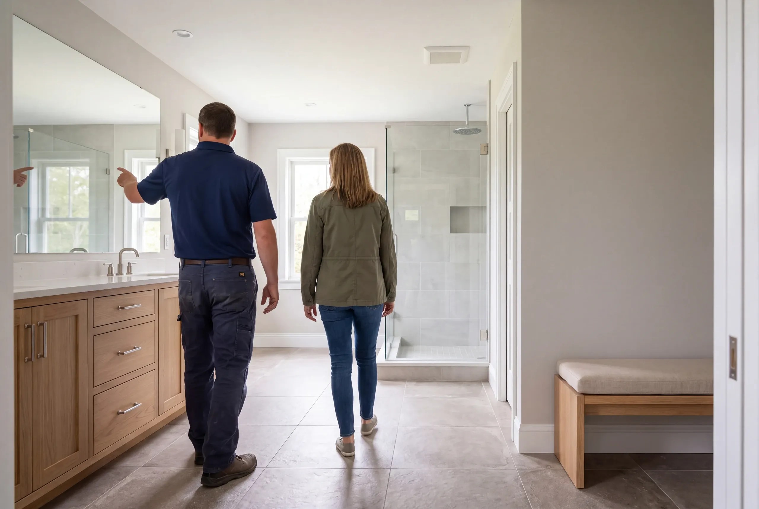 Two adults seen from behind walking through a finished bathroom with a wooden vanity and a glass shower stall.