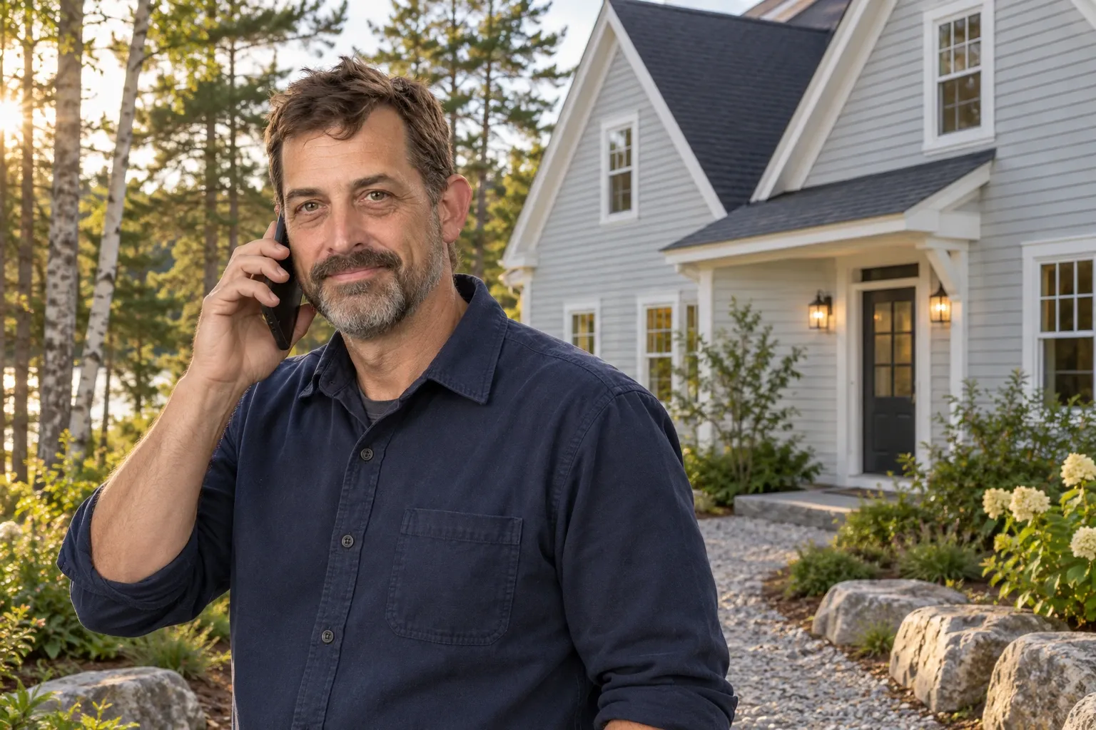 Ray Dyer speaking on a phone outside a completed pale-gray clapboard home