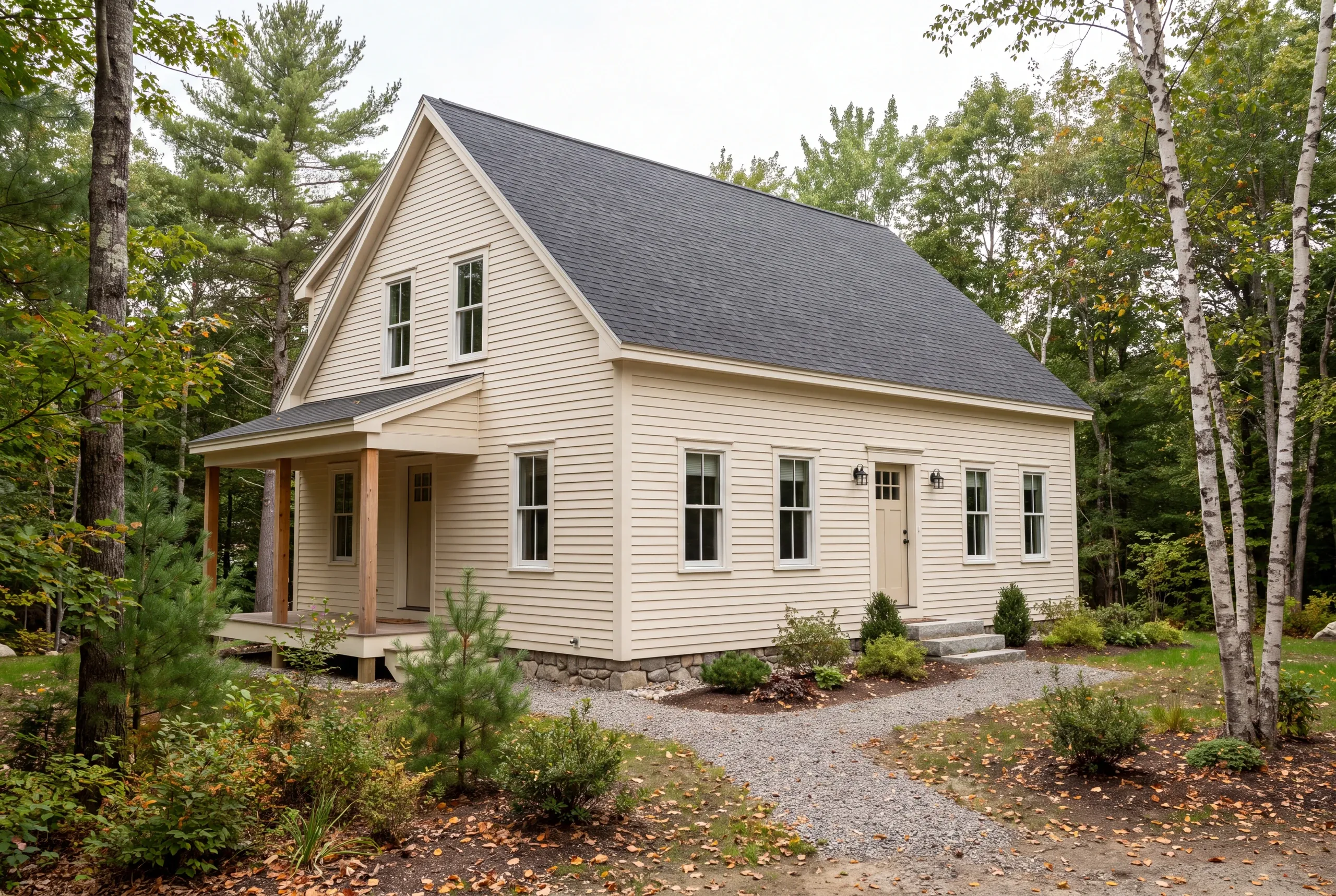 Exterior view of a beige two-story home with a gabled roof and covered front porch surrounded by trees.